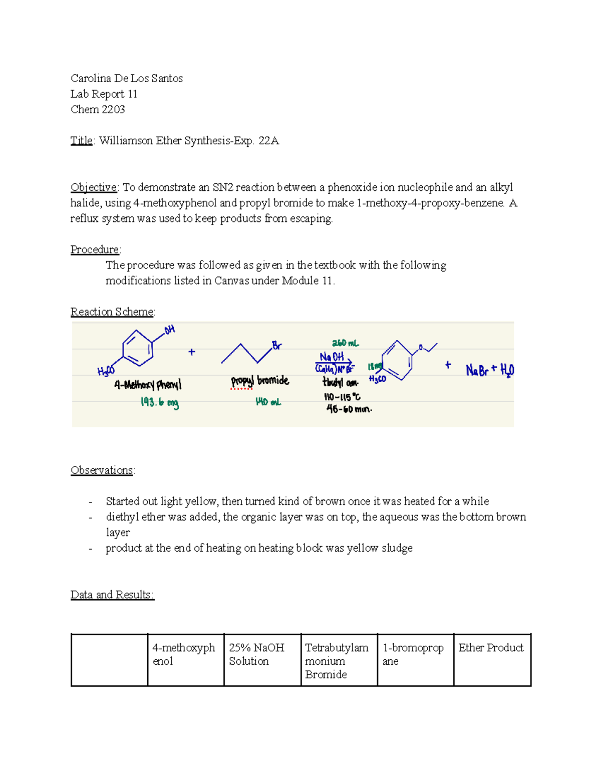 Orgo Lab 11 REPORT - Carolina De Los Santos Lab Report 11 Chem 2203 ...