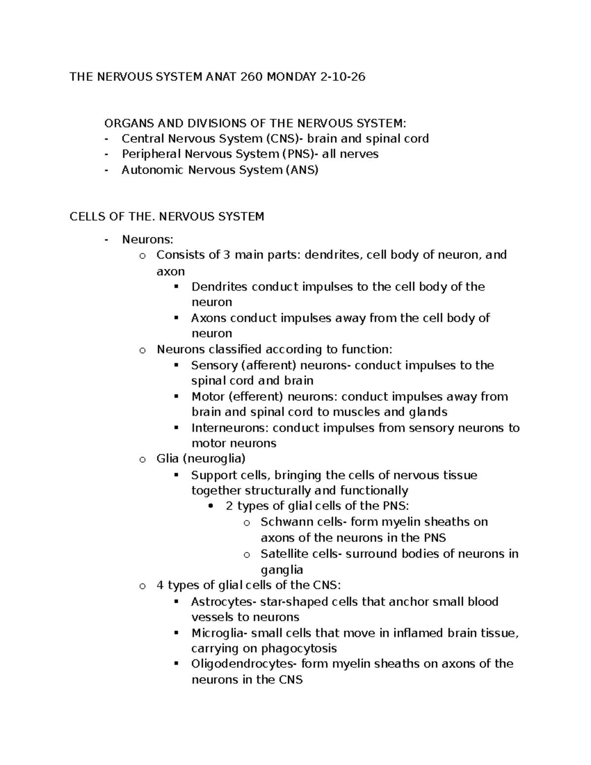 The Nervous System Overview: ANAT 260 Monday Lecture Notes - Studocu