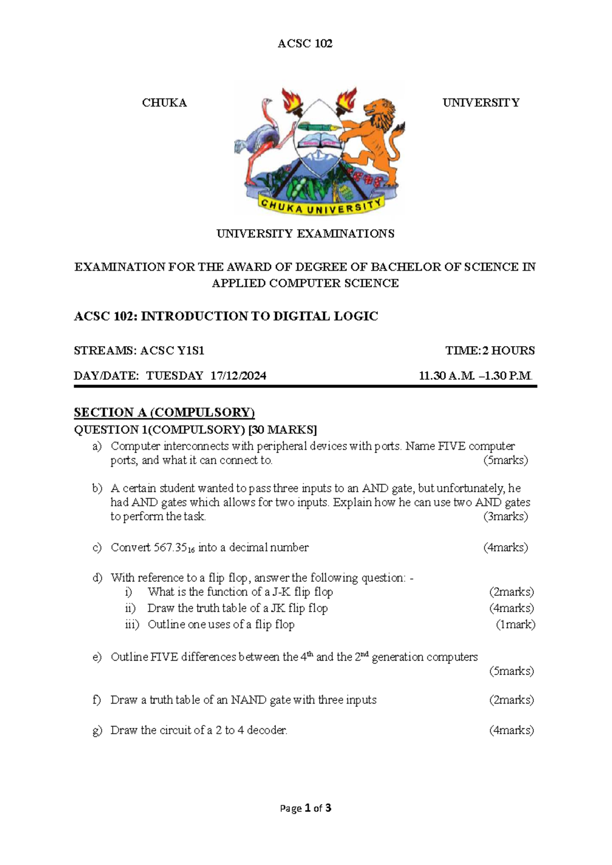 ACSC 102: Final Exam Notes on Digital Logic and Computer Systems - Studocu