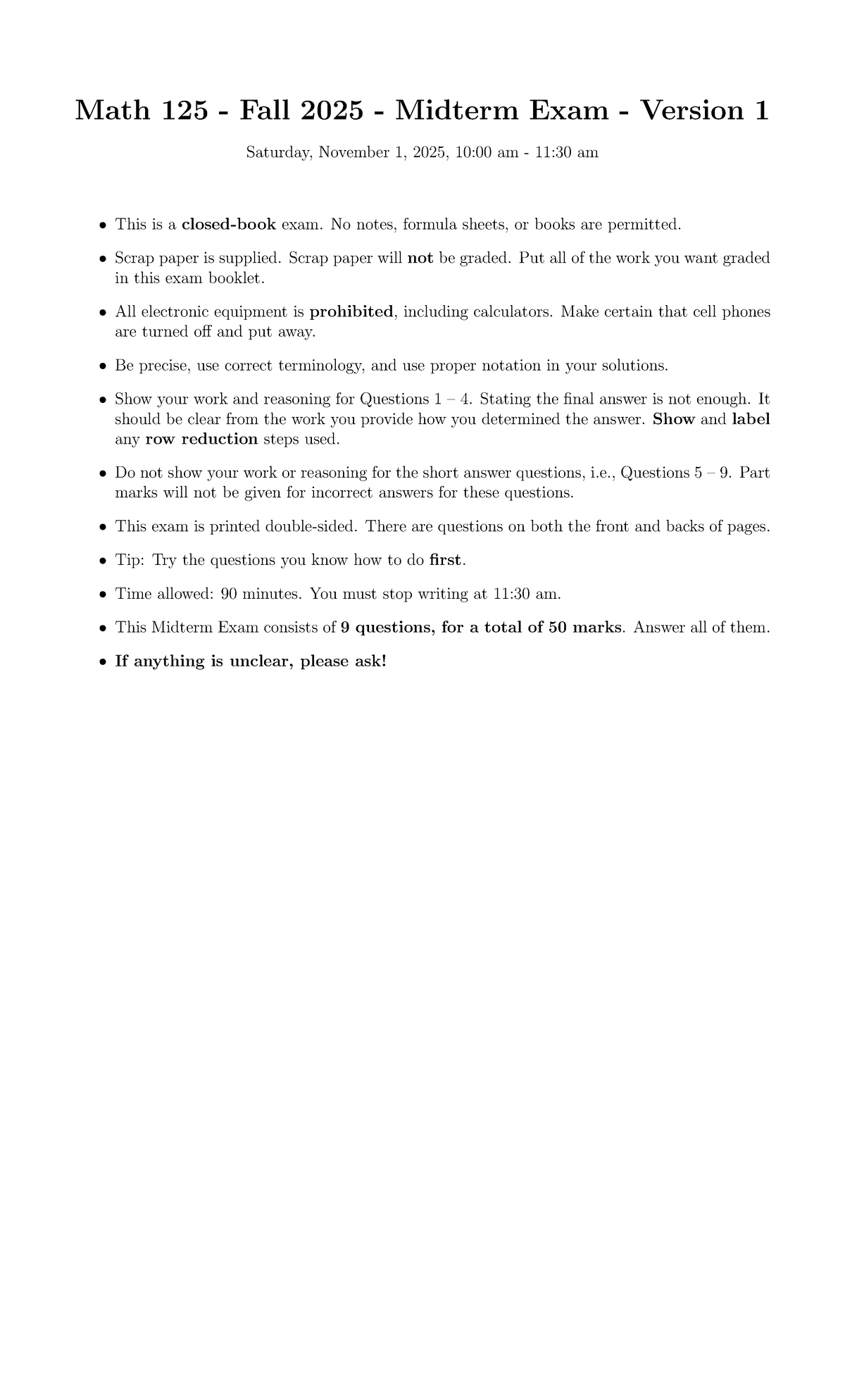 Fall 2025 MATH 125 Midterm Exam Version 1 Solutions - Studocu