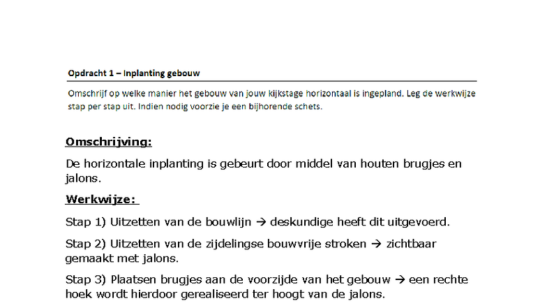 Werkcollege 1: Inplanting en Bouwlijn Uitzetten - Studocu