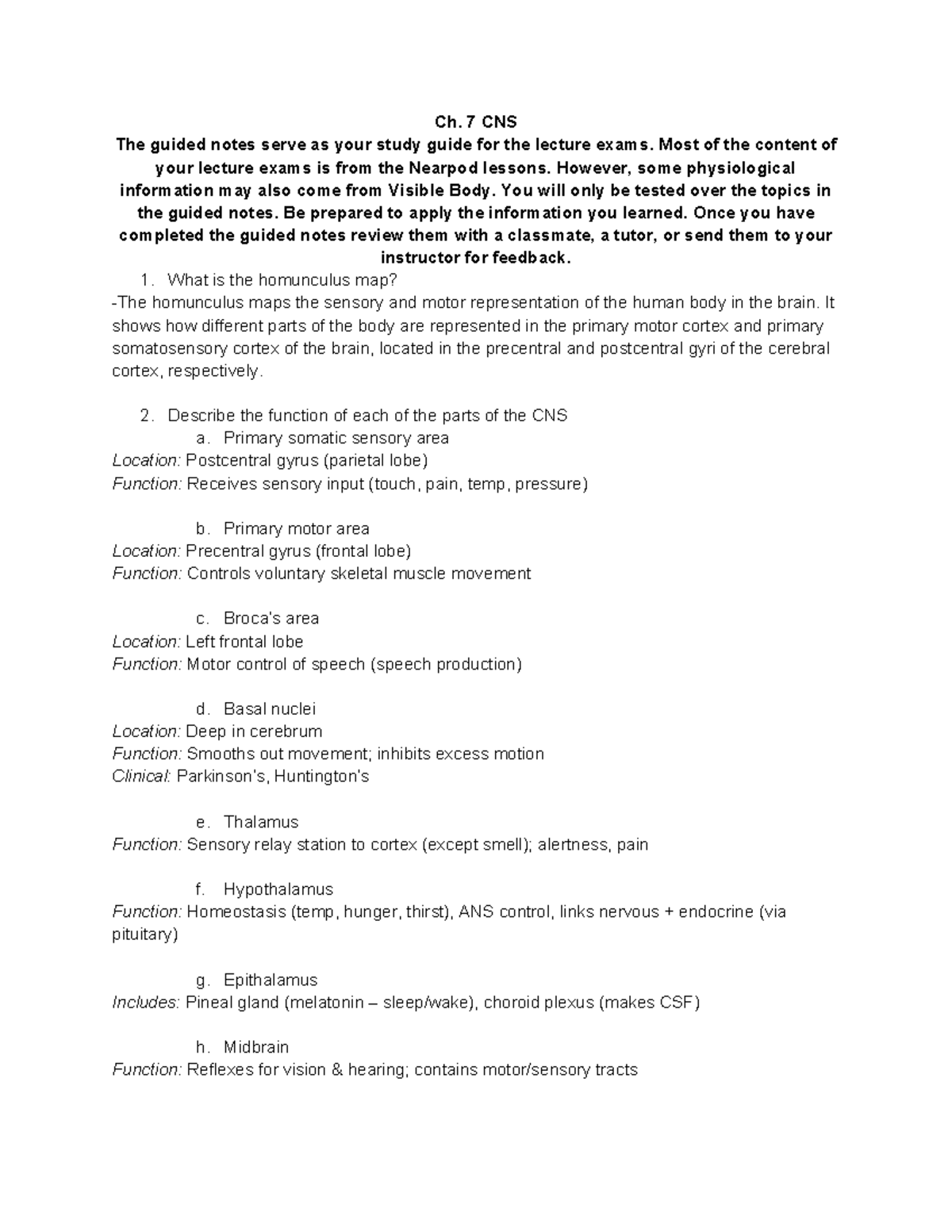 CNS Structures & Functions: Study Guide for Lecture Exams - Studocu