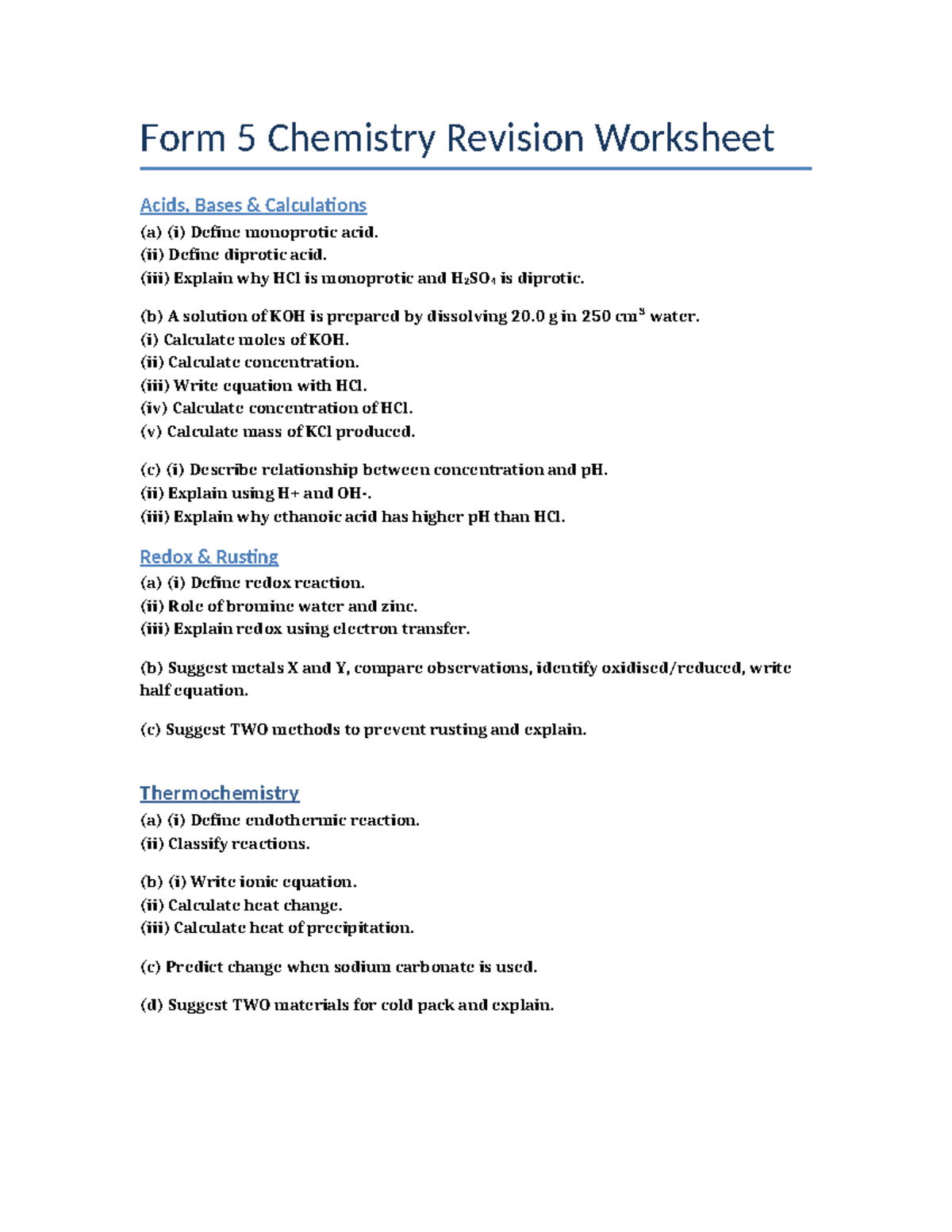 Form 5 Chemistry Revision Worksheet: Acids, Bases & Redox Reactions ...