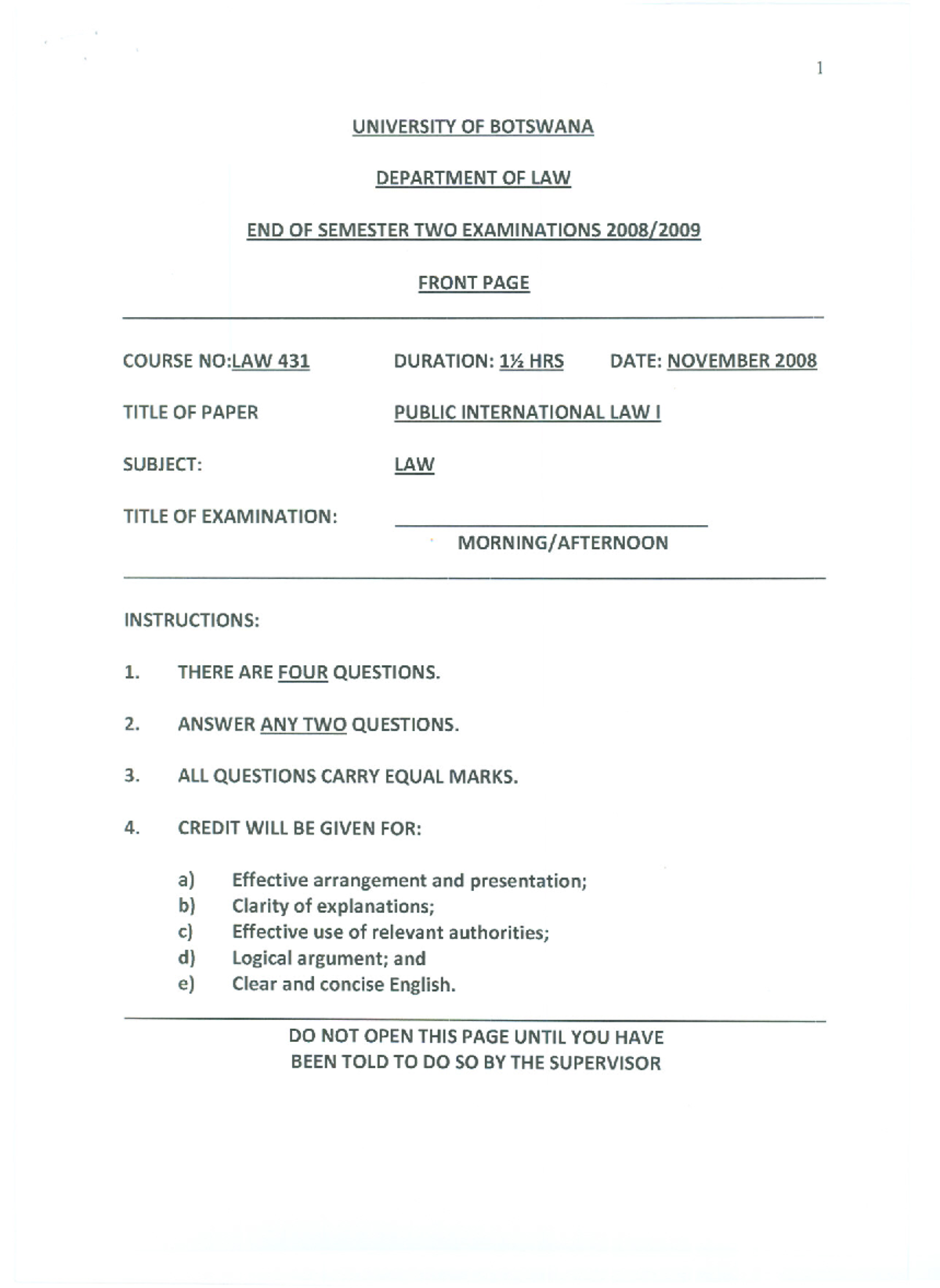 LAW 431 (2008) End of Semester Exam: Public International Law I - Studocu