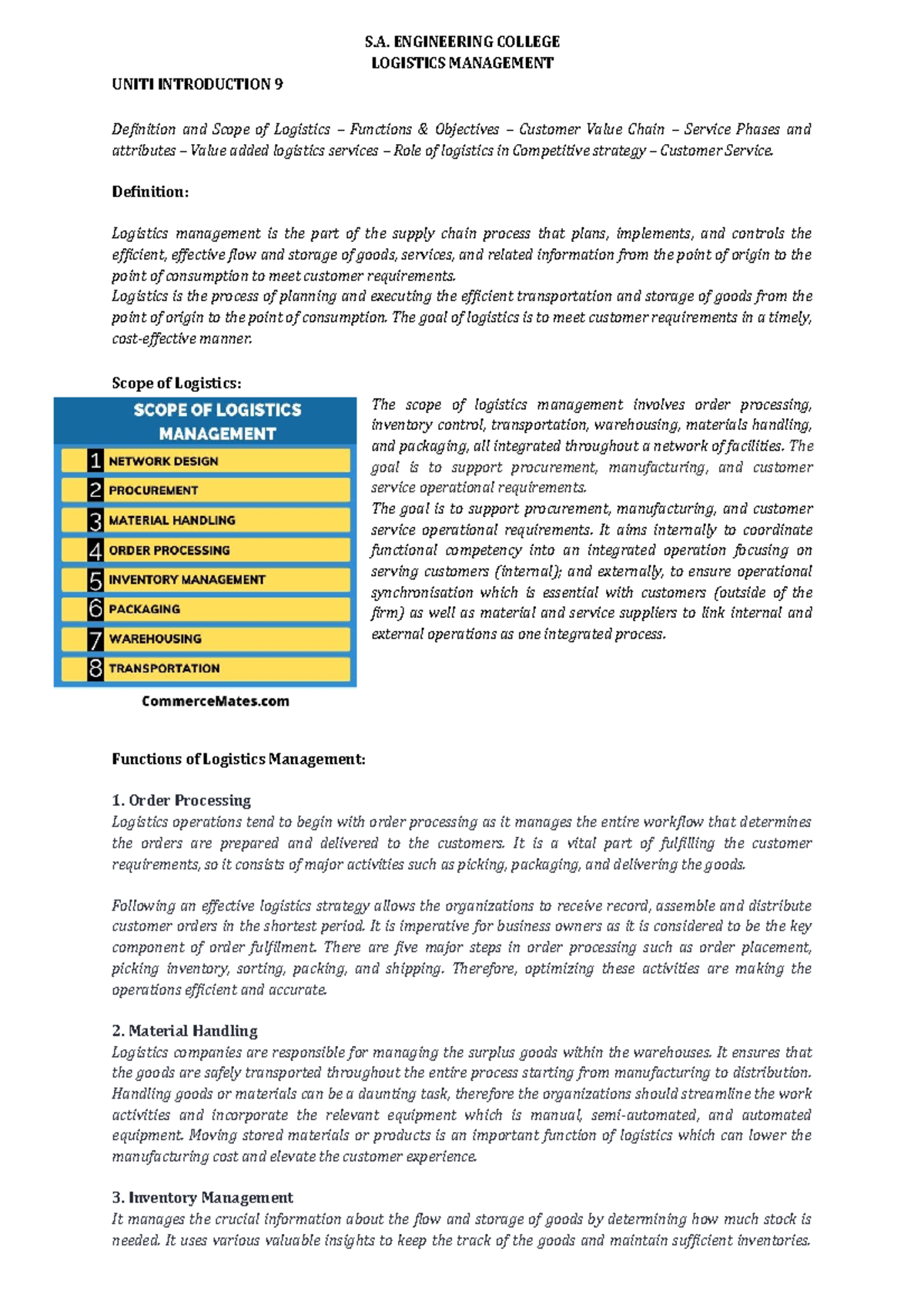 Logistics Management Notes - Introduction to Unit 1 (LOGM101) - Studocu