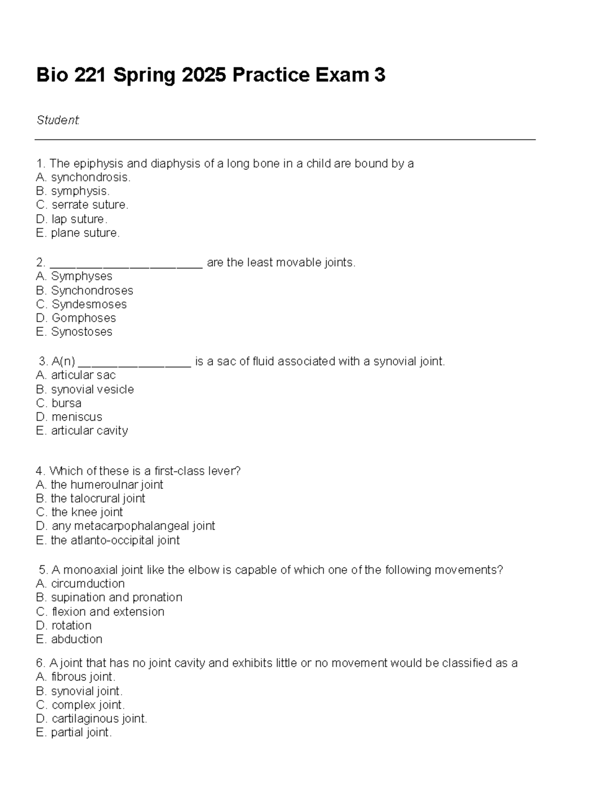 Bio 221 Spring 2025 Practice Exam 3: Muscle Physiology & Joints - Studocu