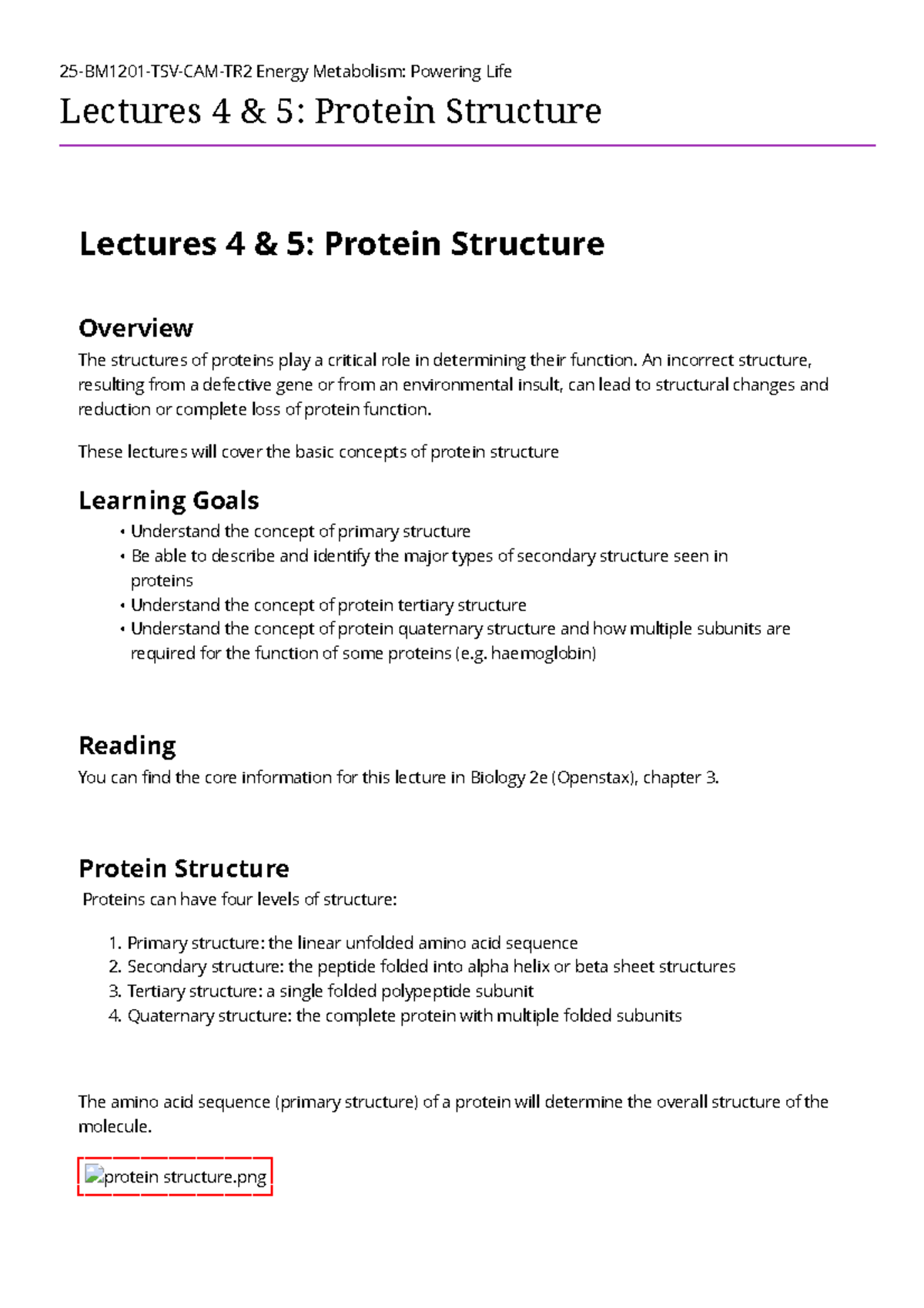 Biology 2e: Protein Structure Overview - Lectures 4 & 5 - Studocu