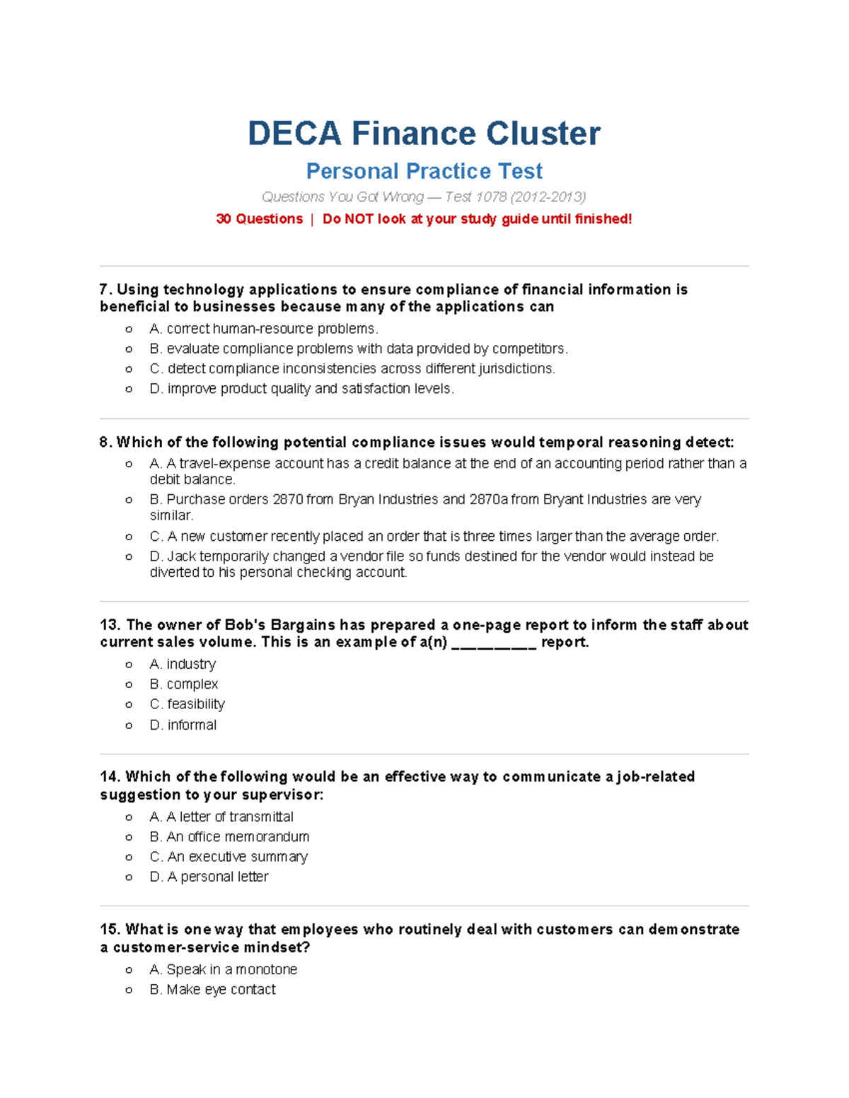 DECA Finance Cluster Practice Test Questions - Test 1078 - Studocu