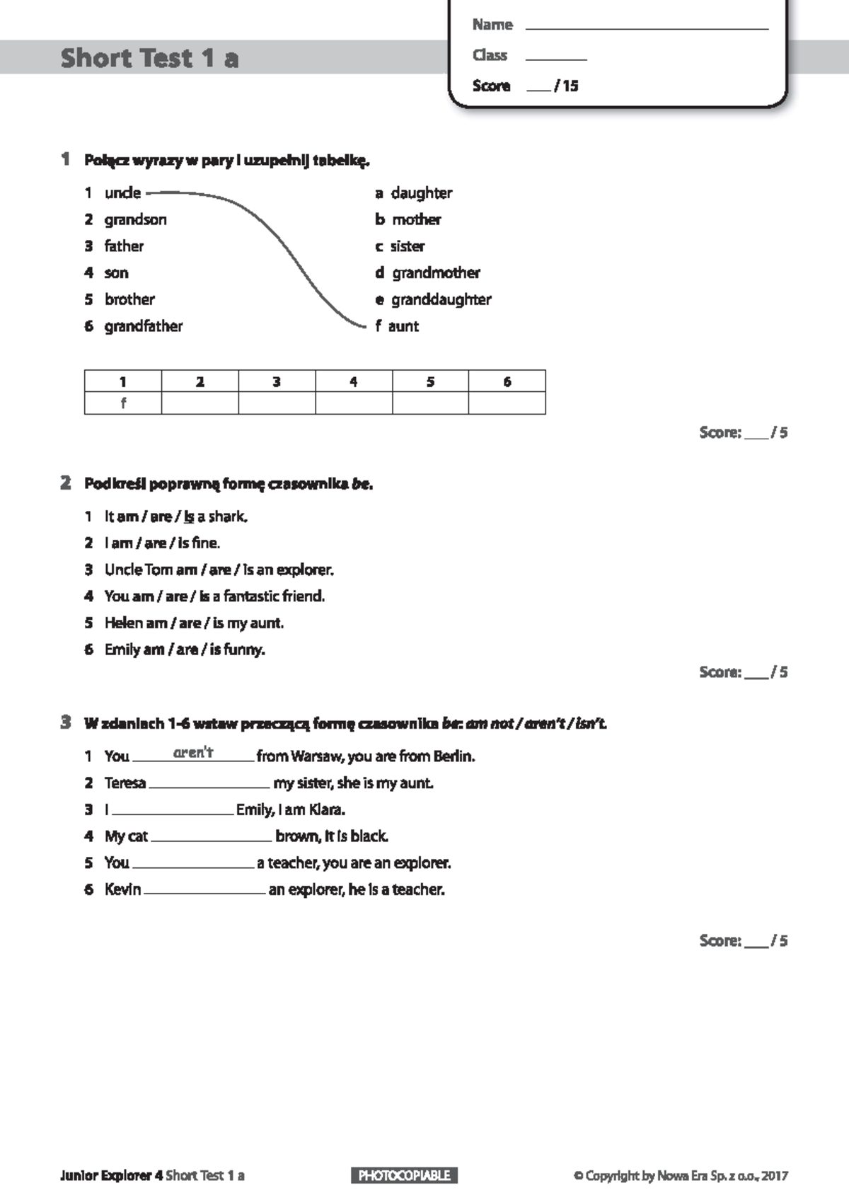 Junior Explorer 4: Short Test Unit 1 - Grammar and Vocabulary Practice ...