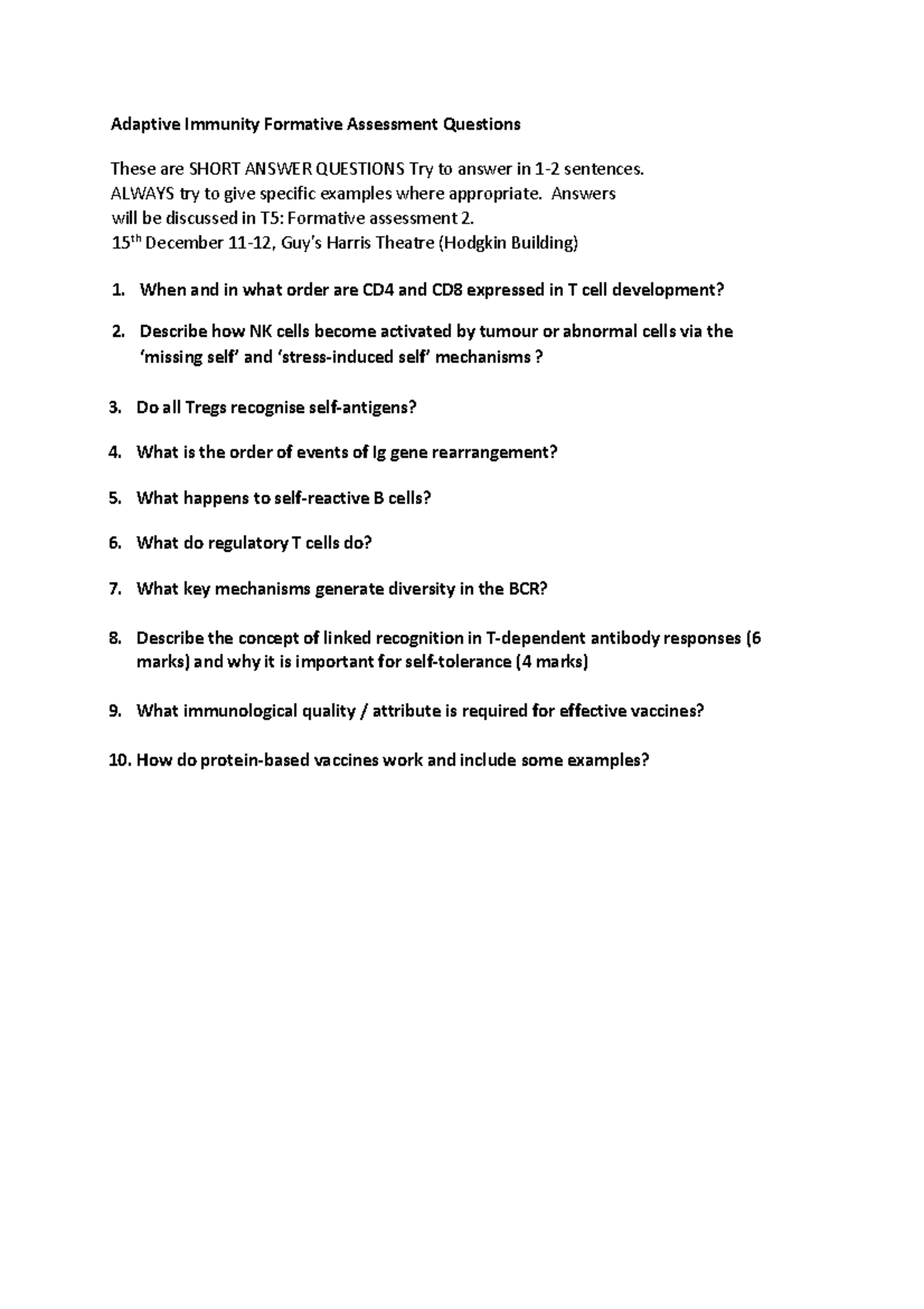 5BBBI203 - Adaptive Immunity Formative Assessment Q&A Guide - Studocu
