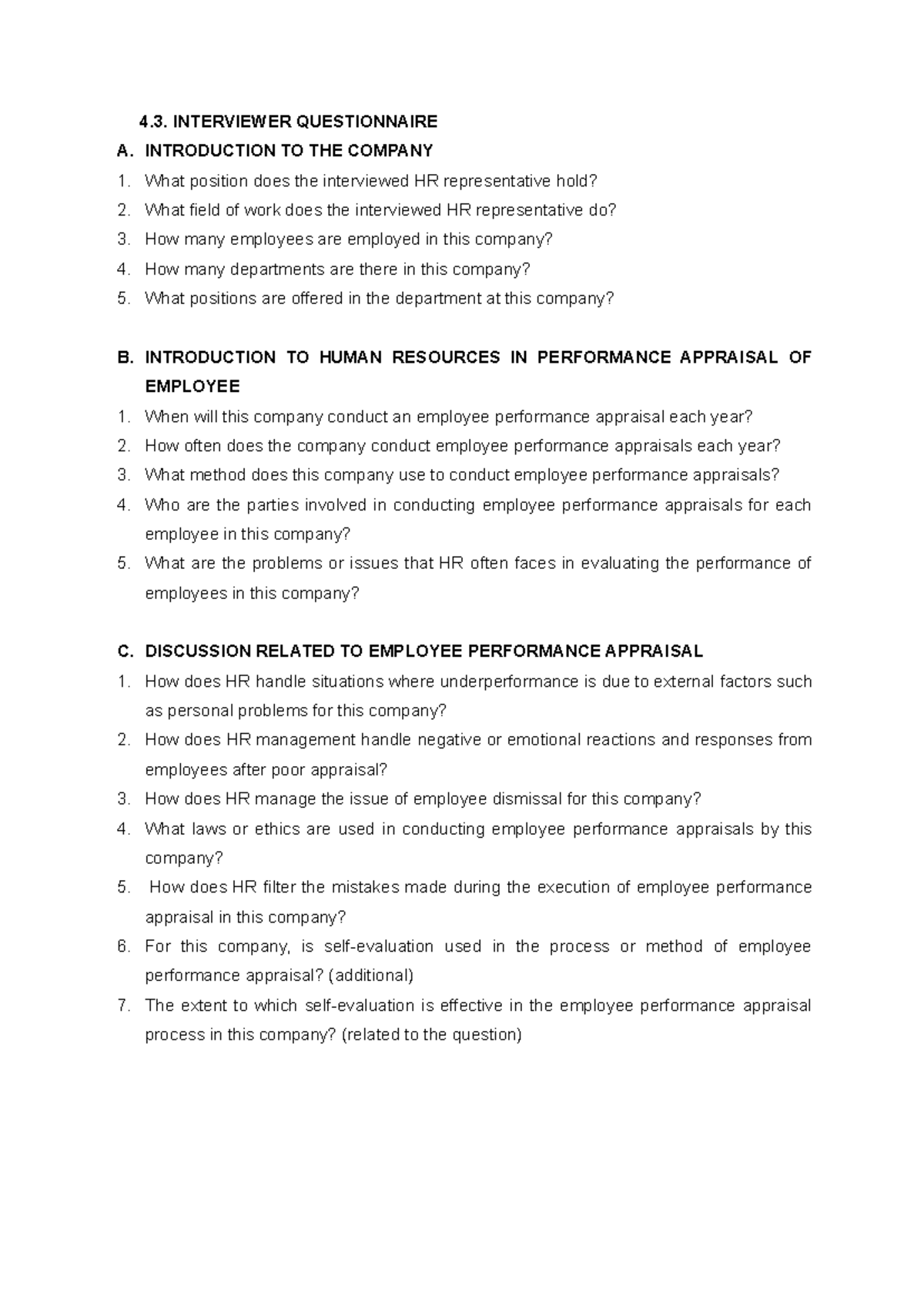 LIST OF Interview Questions FOR MGT 340-1 - 4. INTERVIEWER ...