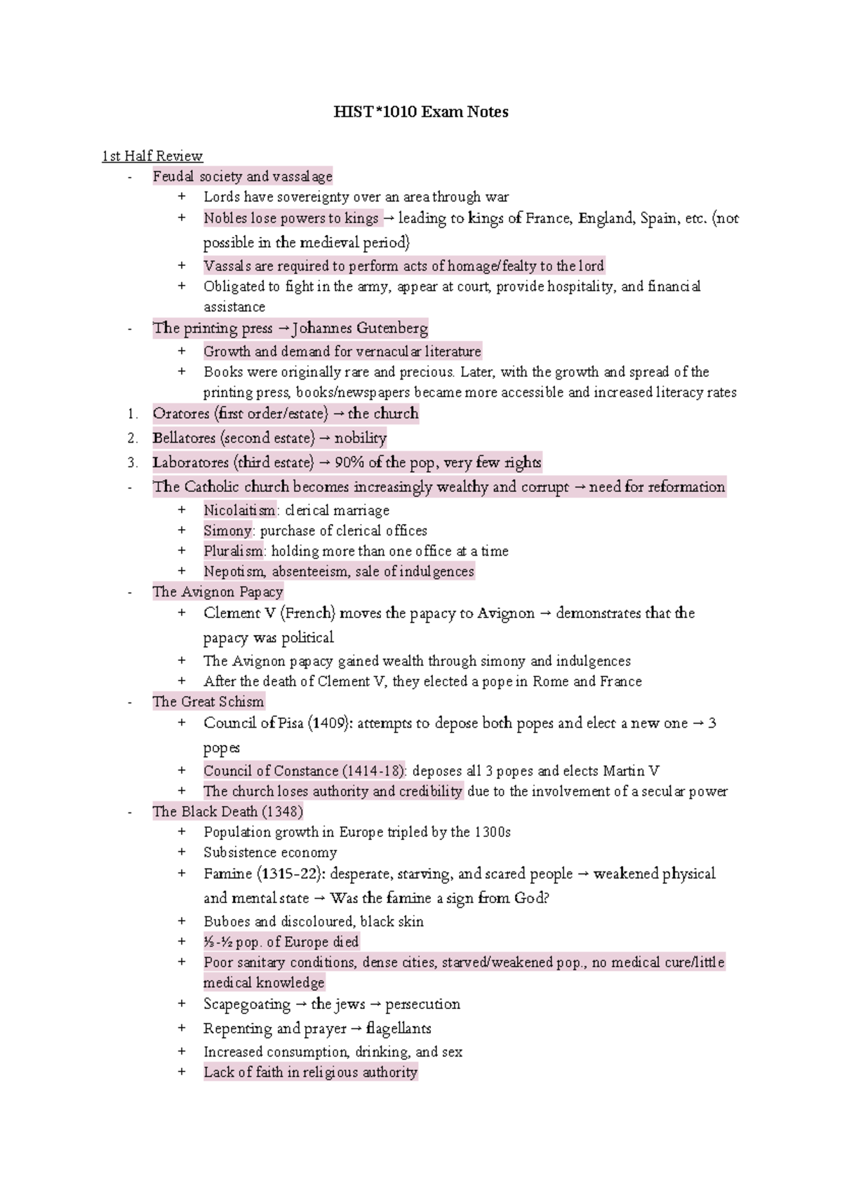 HIST 1010 Final Exam Notes: Feudal Society to the Enlightenment - Studocu