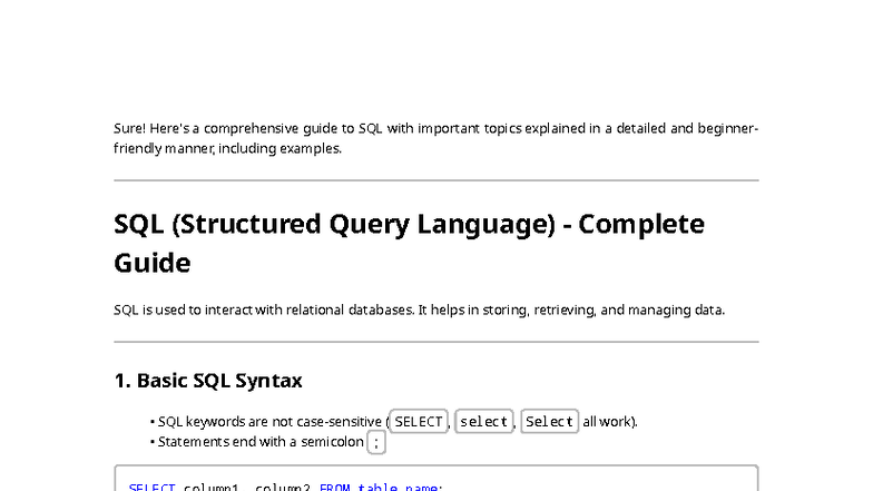 SQL 101: Comprehensive Guide to SQL Fundamentals and Key Topics - Studocu