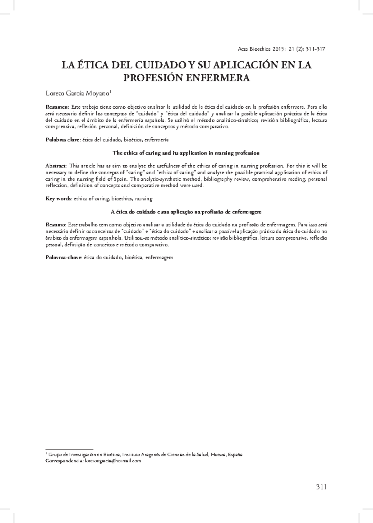 LA Etica DEL Cuidado Y SU Aplicacion A LA Profesion DE Enfermera - Acta ...