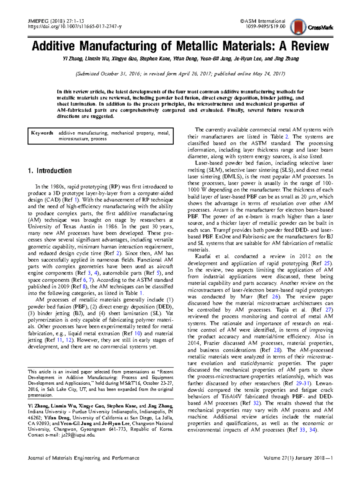 JMEPEG 2018: Review of Additive Manufacturing Techniques for Metals ...