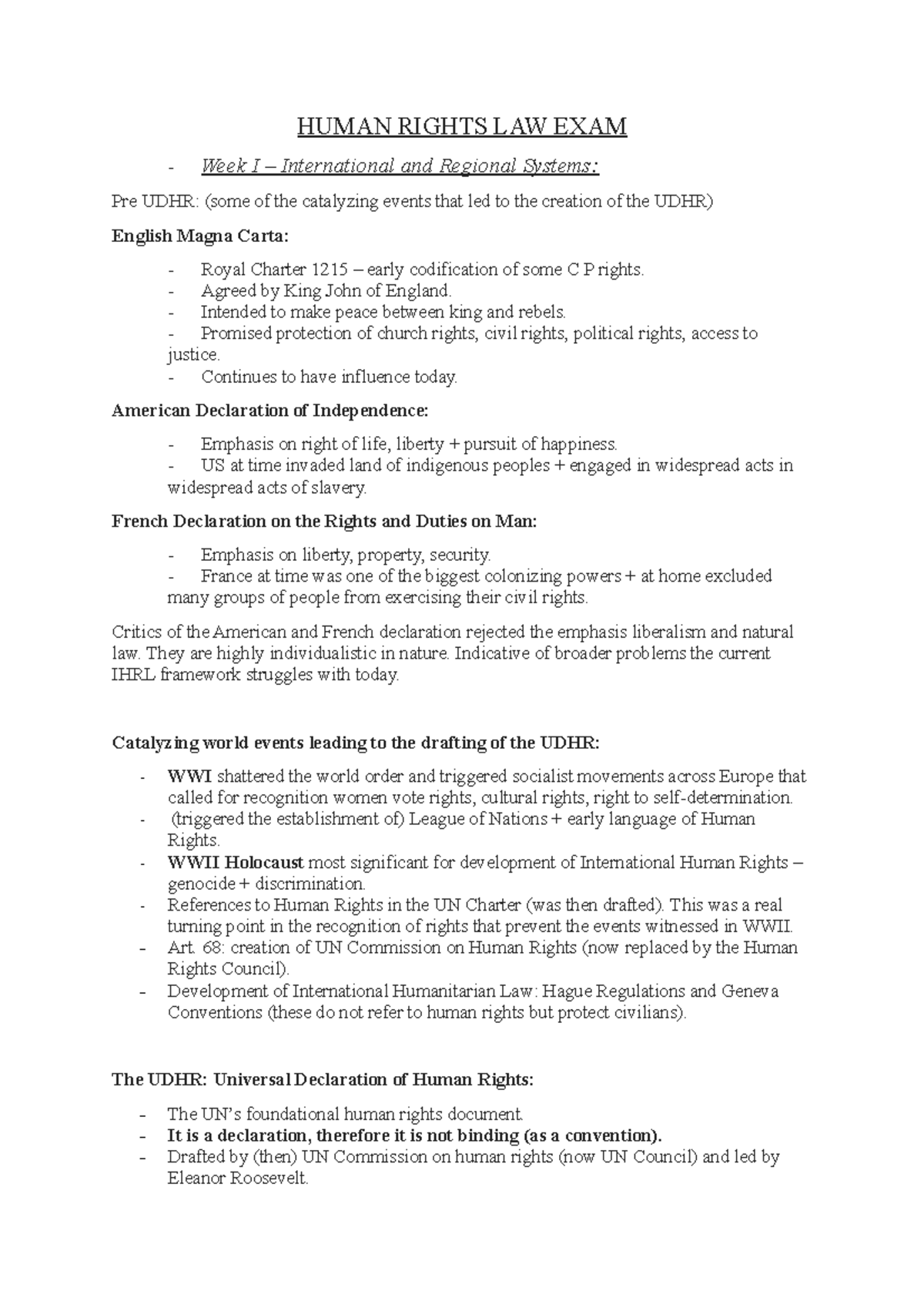 Human Rights Law Exam Notes - HRLaw - Week 1 Overview - Studeersnel