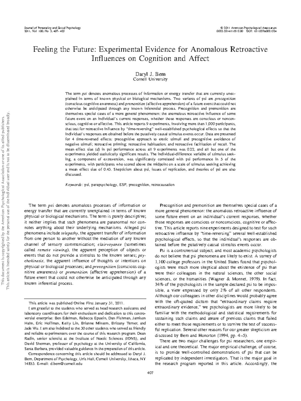 Feeling the Future: Evidence of Retroactive Influence on Cognition (PSY ...