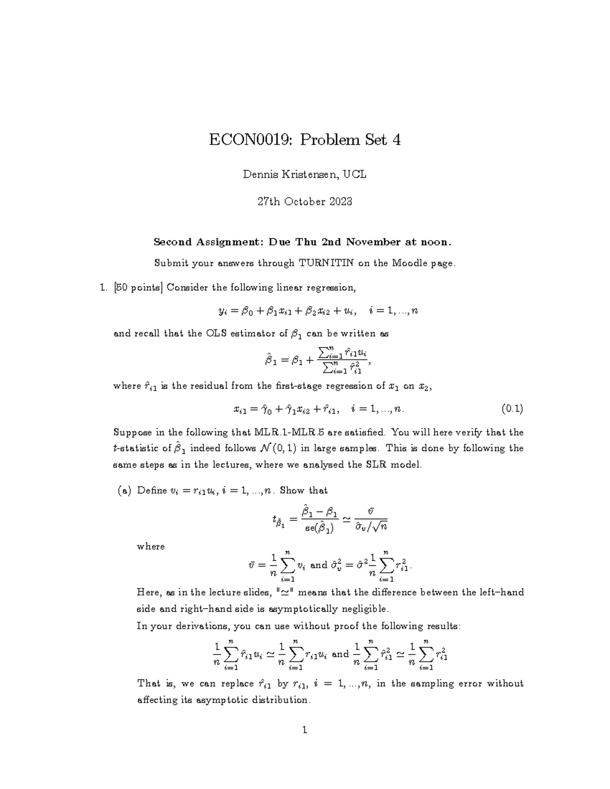 ECON0019: Problem Set 4 - Linear Regression Analysis and OLS Estimation ...