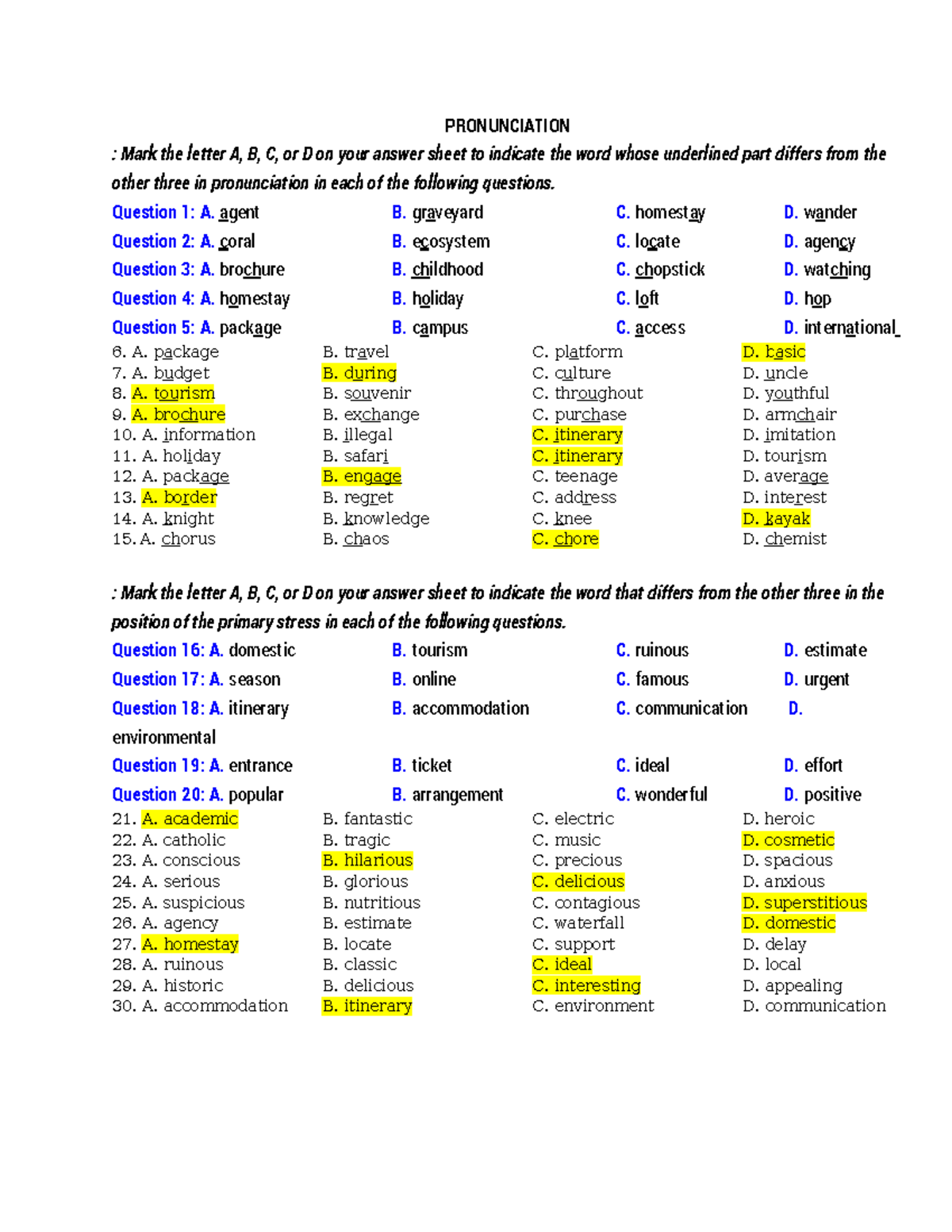 UNIT 8: Tourism - Pronunciation Practice (30 Questions) - Studocu