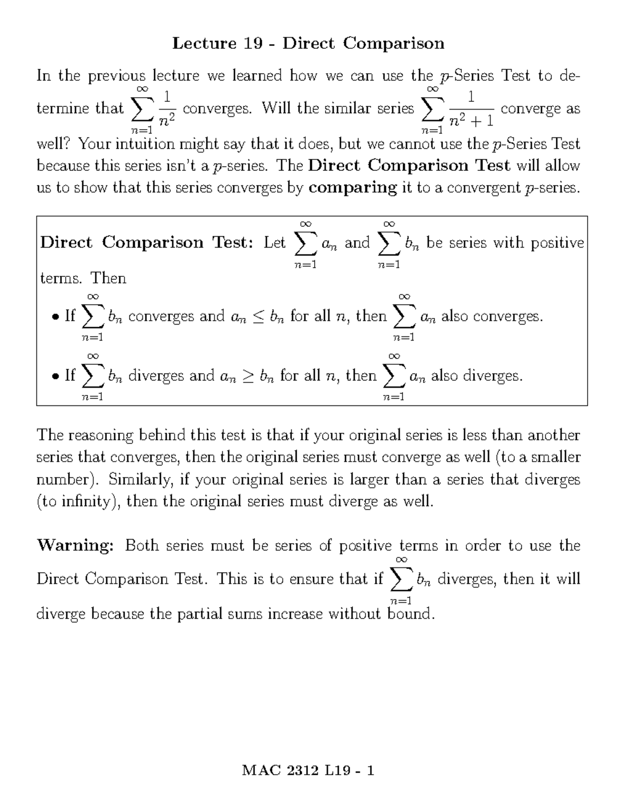 Direct Comparison Test Lecture Notes - MAC 2312 L19 - Studocu