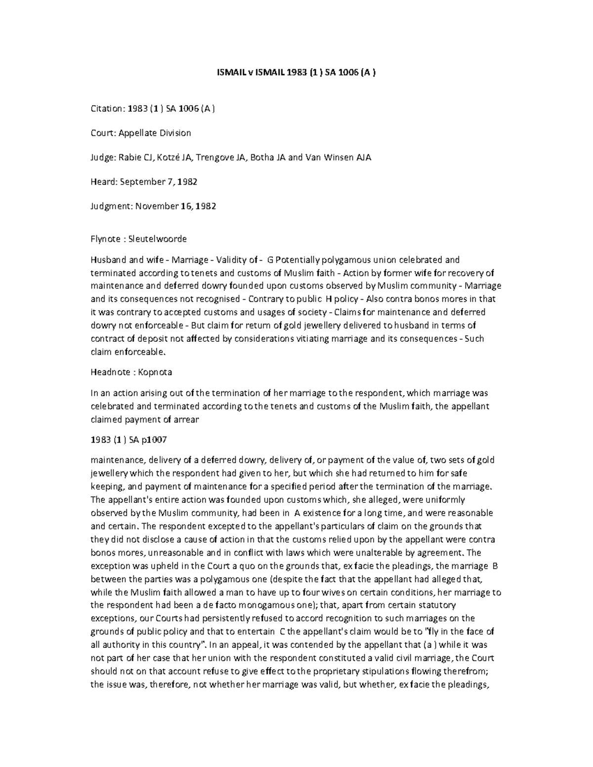 ISMAIL v ISMAIL 1983 (1) SA 1006 (A) - Court Ruling - Studocu