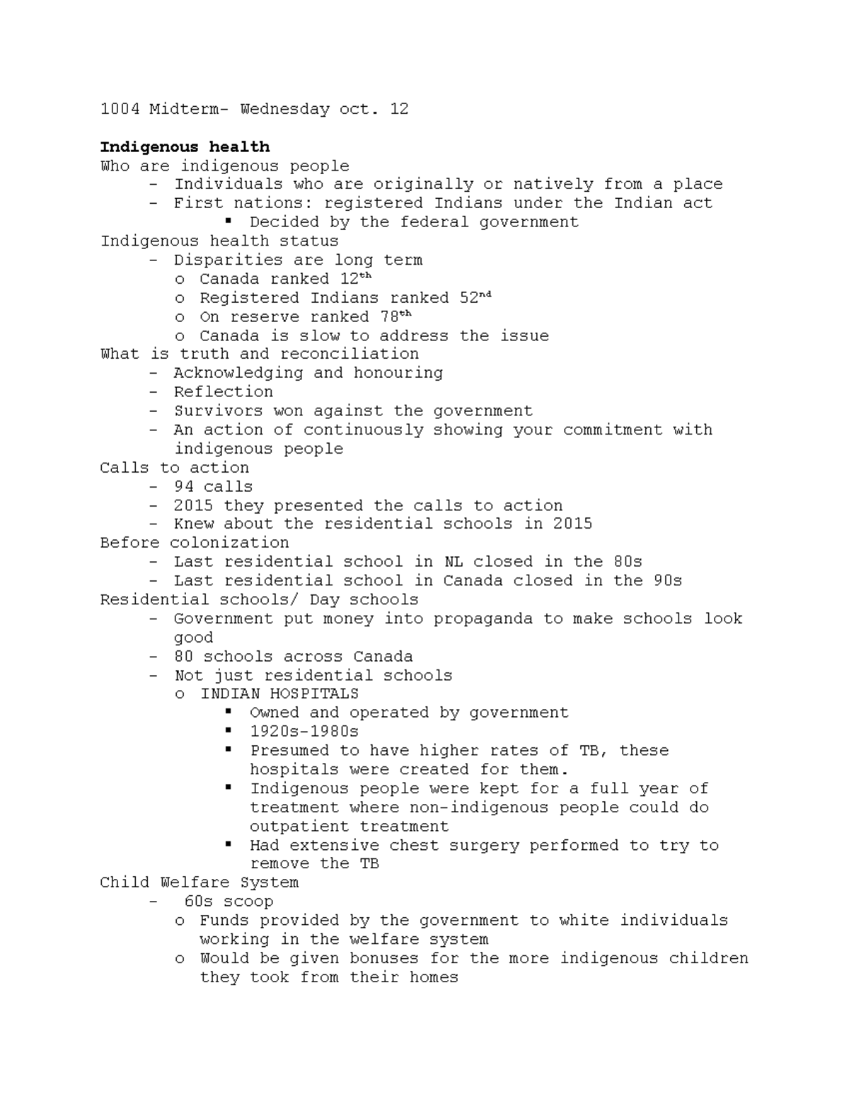 1004 Midterm Notes on Indigenous Health and Nursing Practices - Studocu