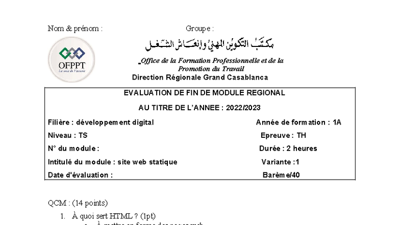 Évaluation de Fin de Module : Développement Digital 1A TS - Studocu