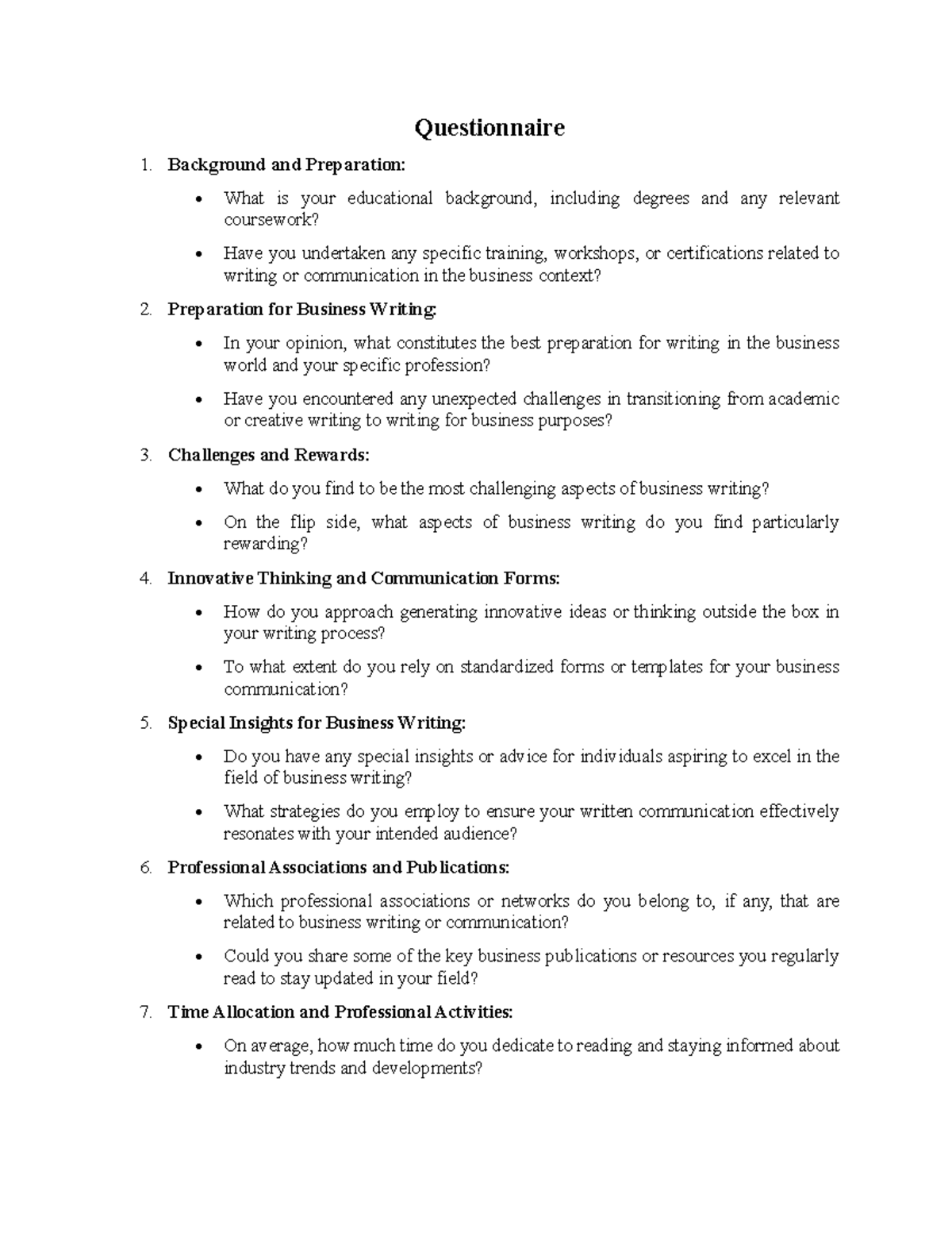 Business Writing Questionnaire for COMM 101: Insights & Challenges ...