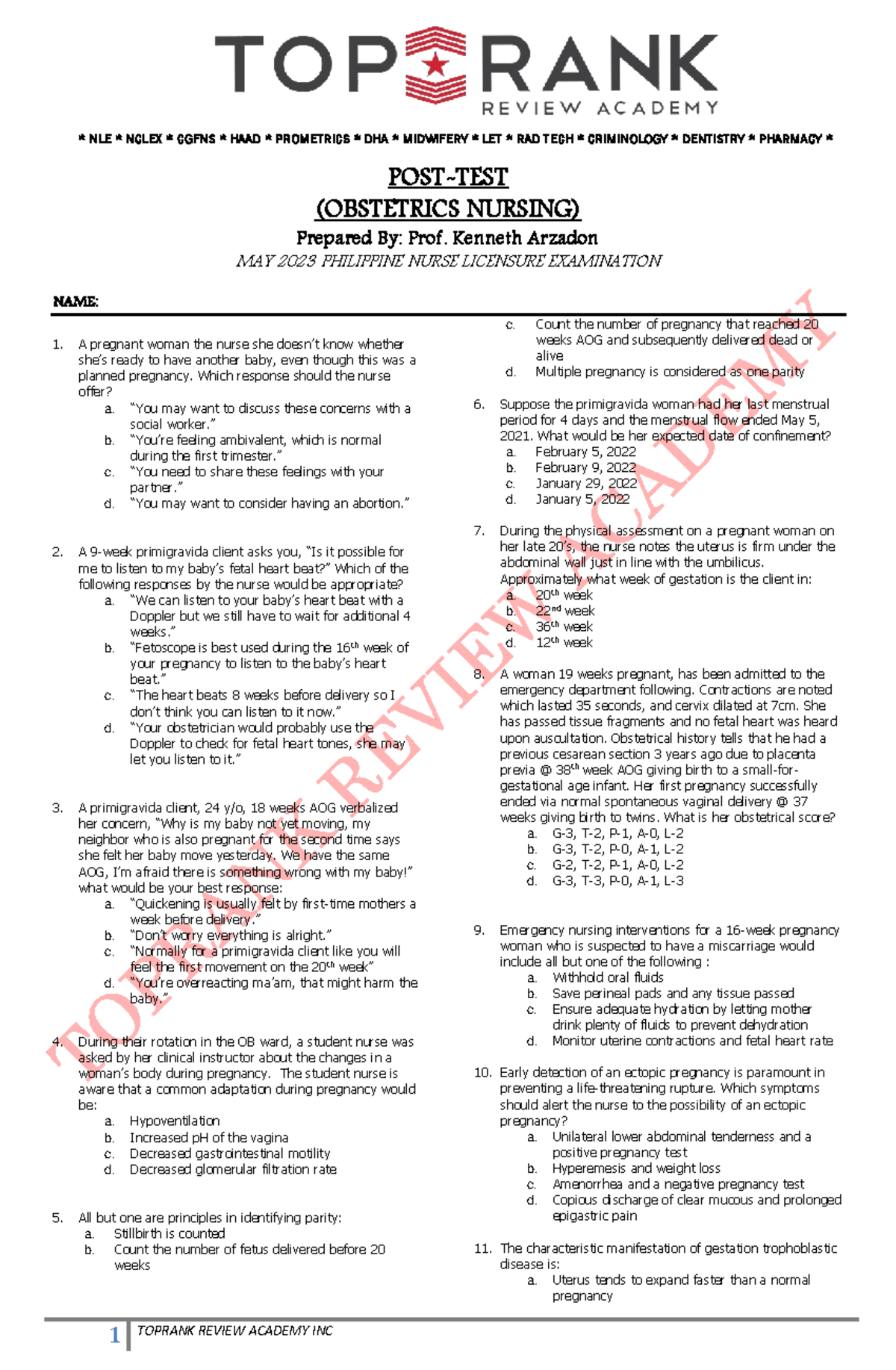 618311773 Obstetrics Nursing Post-Test Review - May 2023 - Studocu