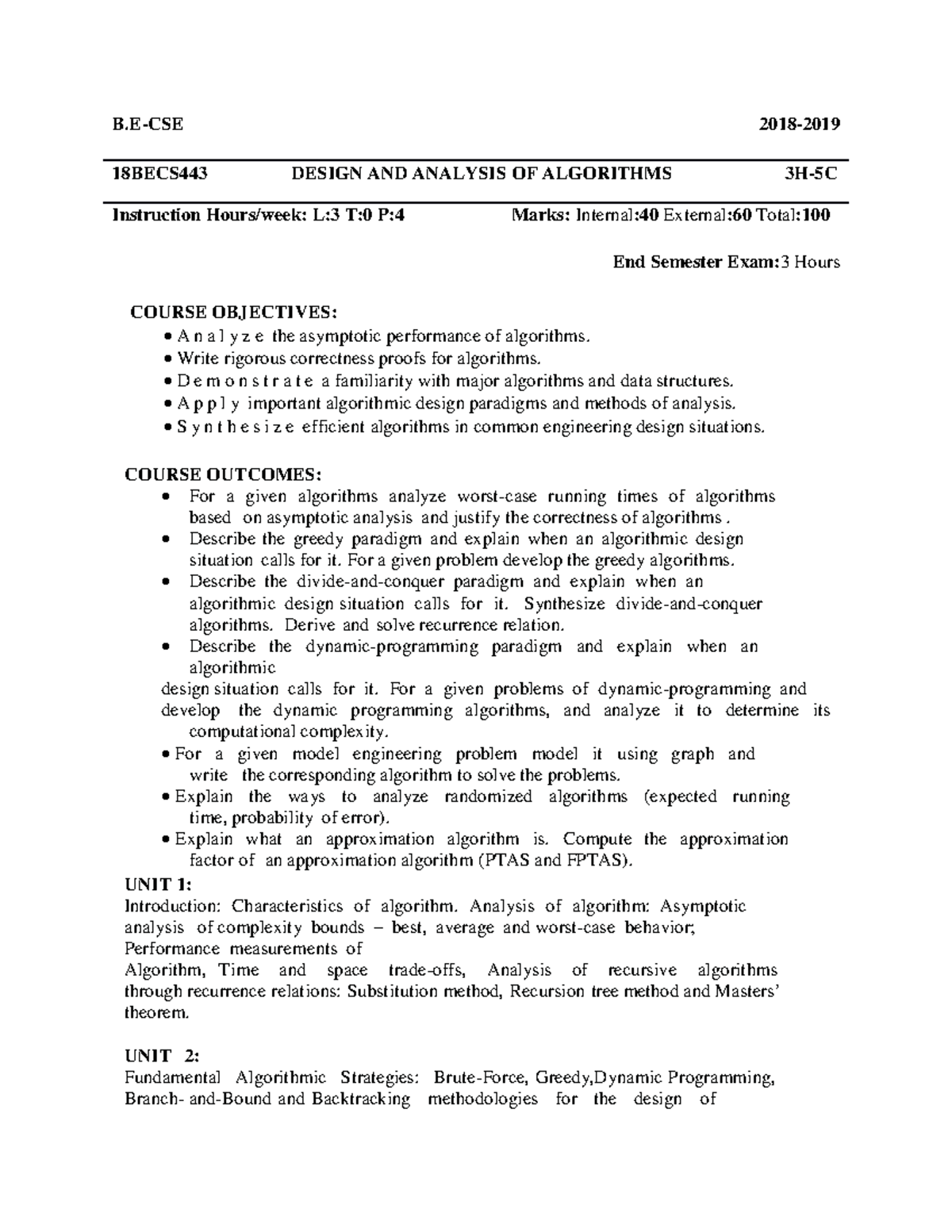 18BECS443 DESIGN AND ANALYSIS OF ALGORITHMS - Course Overview and Key ...