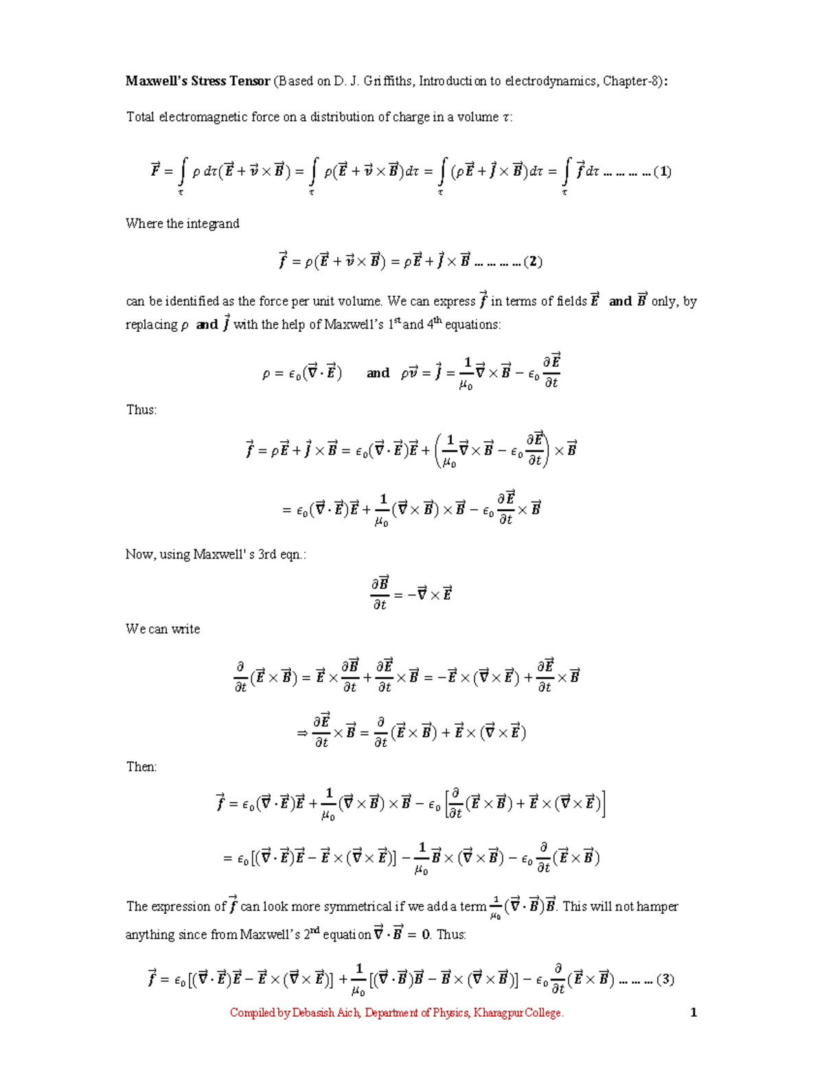 Maxwell Stress Tensor Derivation in Electrodynamics (PHYS 101) - Studocu