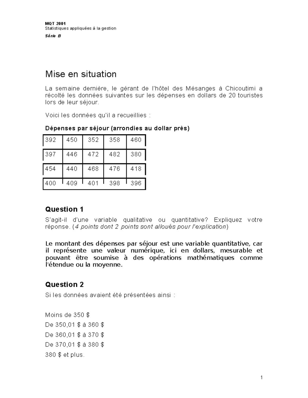 MQT 2001 Statistiques Appliquées à la Gestion - Analyse des Dépenses ...