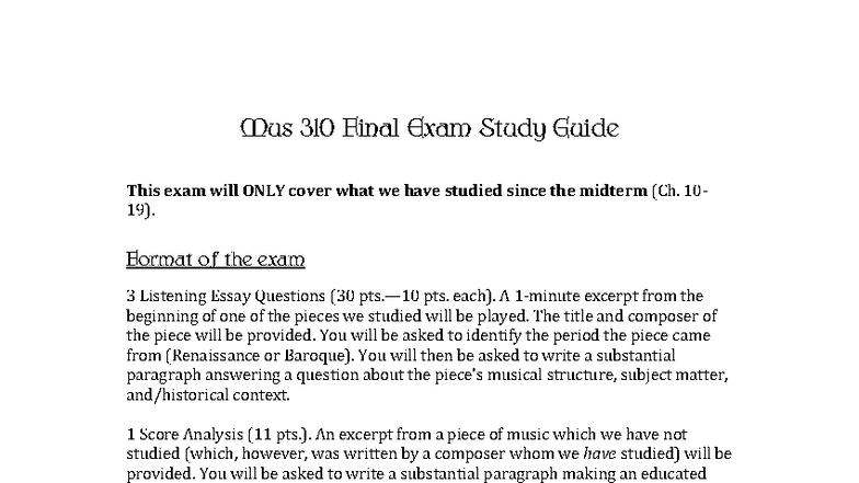 Mus 310 Final Exam Study Guide: Key Topics from Ch. 10-19 - Studocu