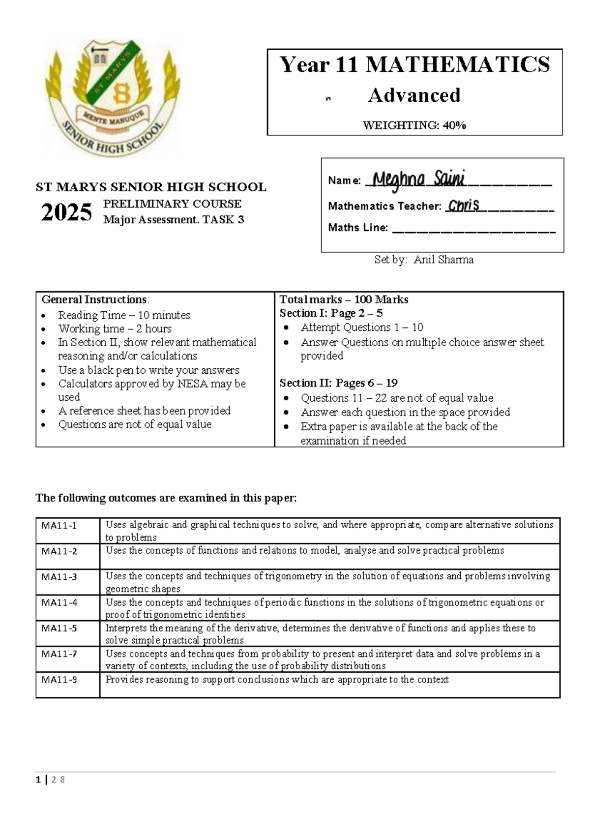 Year 11 Mathematics Advanced Major Assessment Task 3 - Studocu