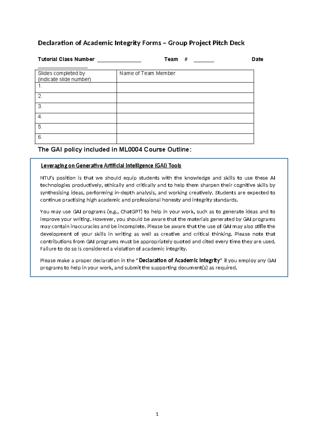 ML0004 Declaration of Academic Integrity for Group Project Pitch Deck ...