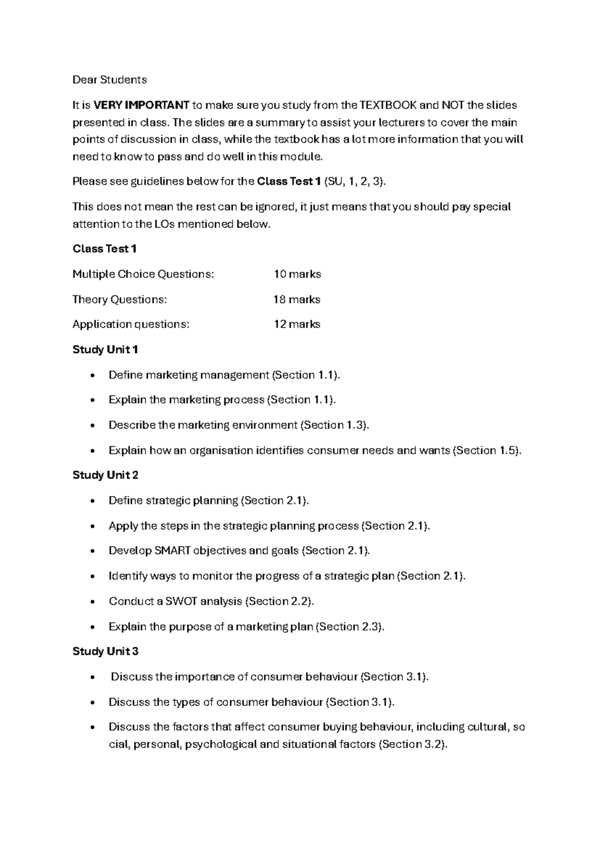 Class Test 1 Guidelines (SU, 1, 2, 3): Study Tips & Key Topics - Studocu