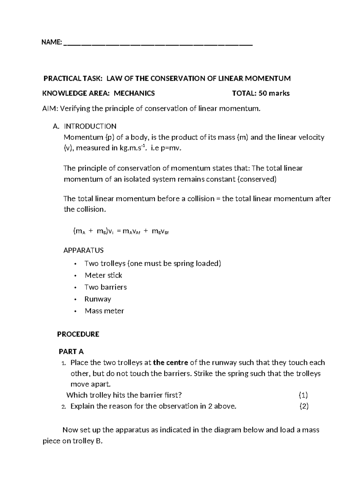 2026 Grade 12 Practical: Law of Conservation of Linear Momentum - Studocu