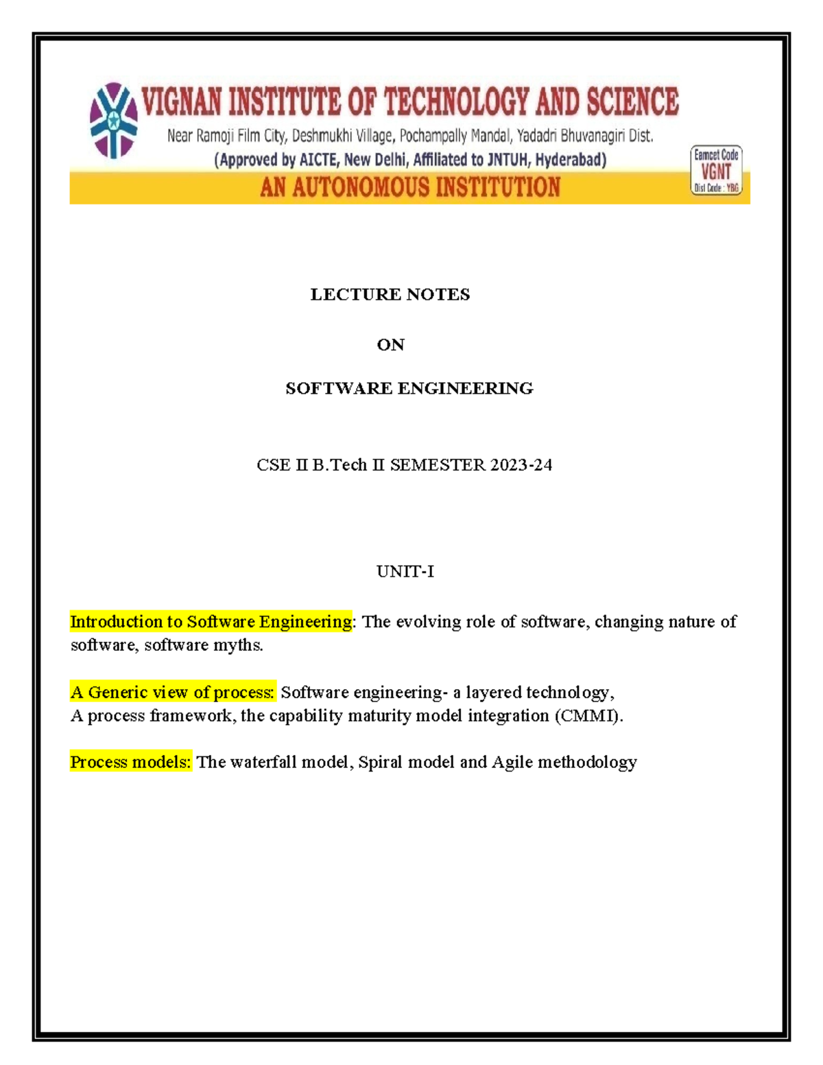 CSE II B.Tech II SEMESTER LECTURE NOTES ON SOFTWARE ENGINEERING - Studocu