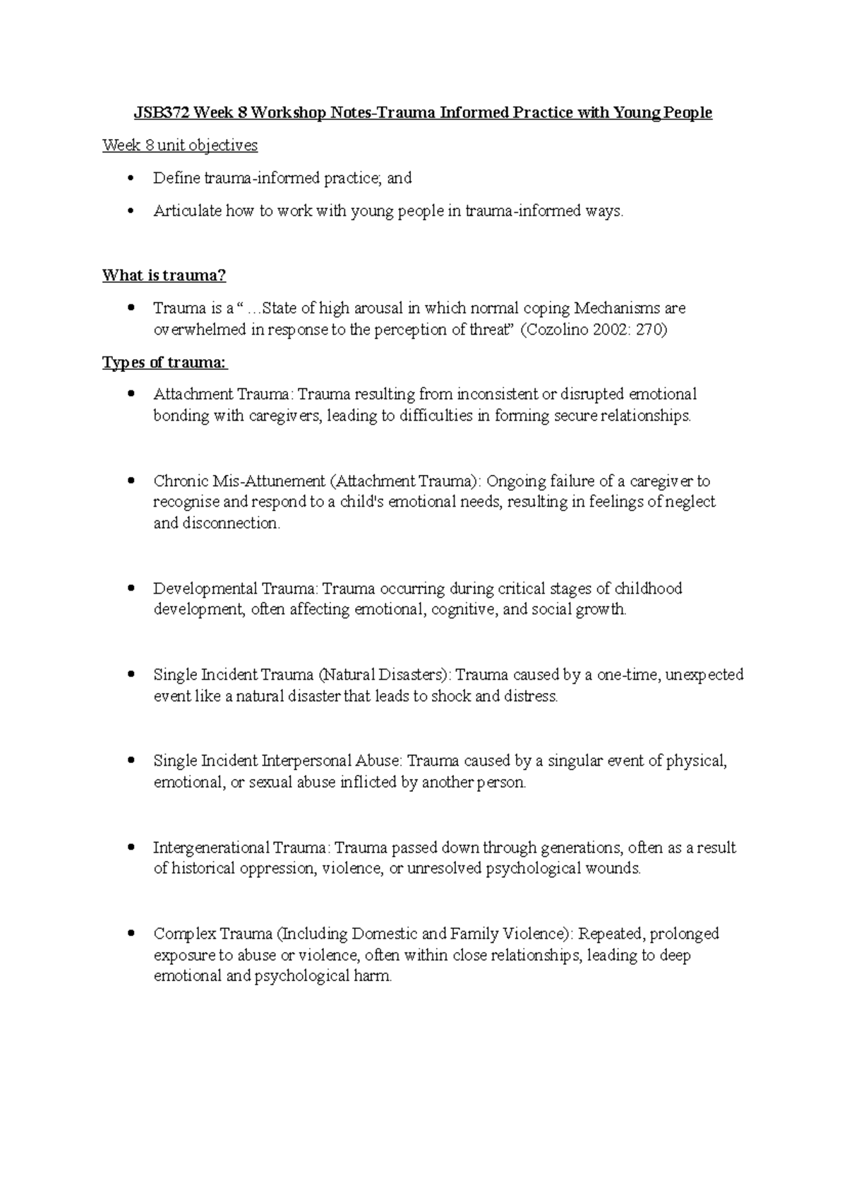 JSB372 Week 8 Workshop Notes: Trauma Informed Practice Overview - Studocu