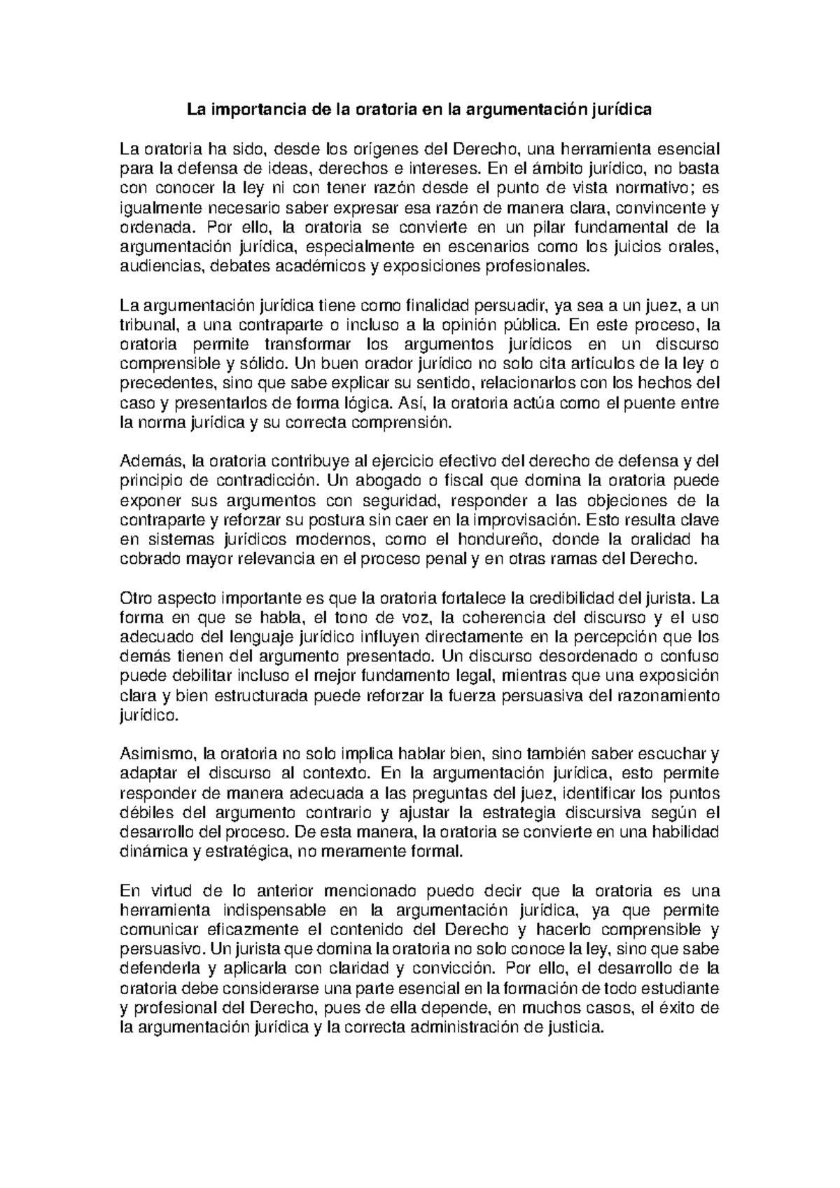 Ensayo: Importancia de la Oratoria en la Argumentación Jurídica - Studocu