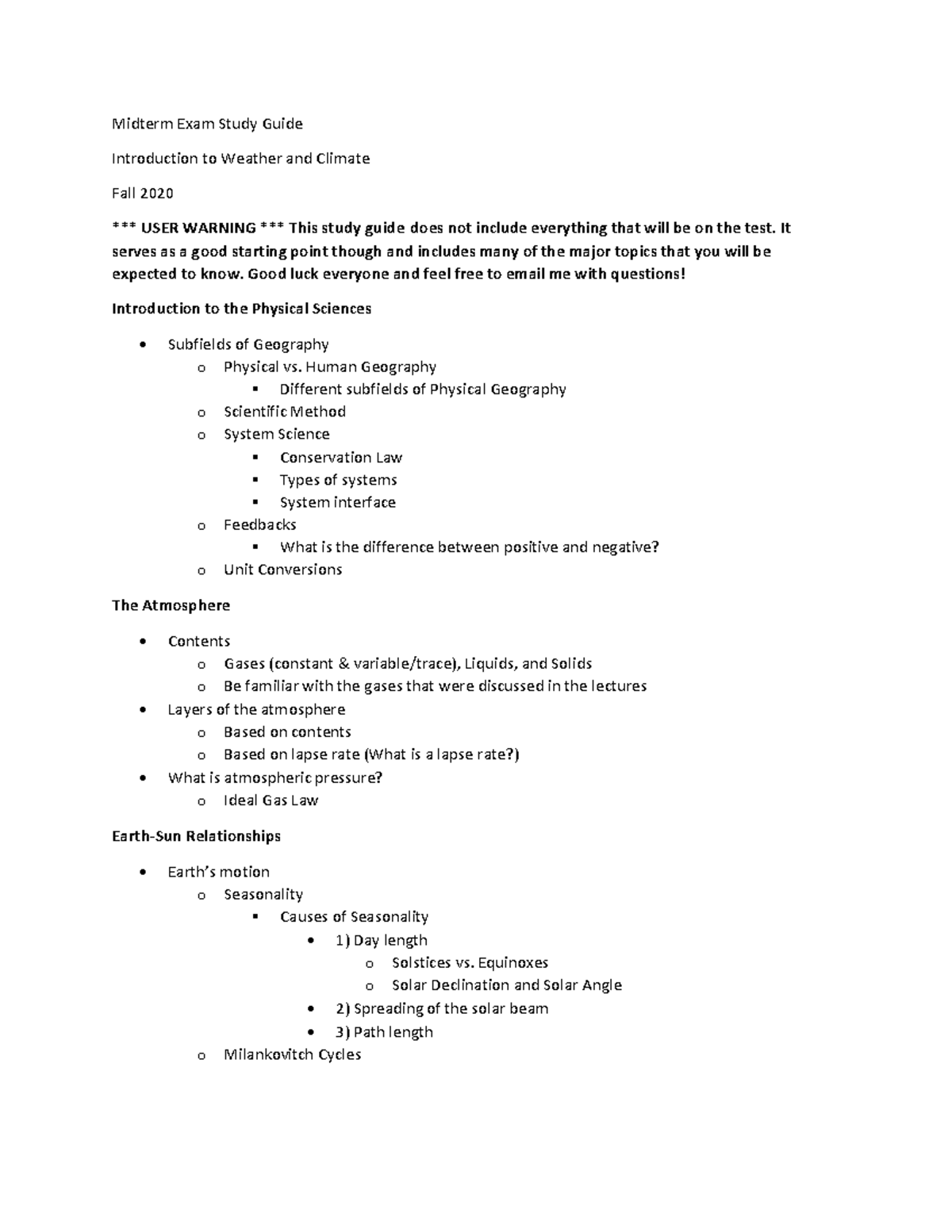 Midterm Exam Study Guide: Introduction to Weather and Climate - Studocu