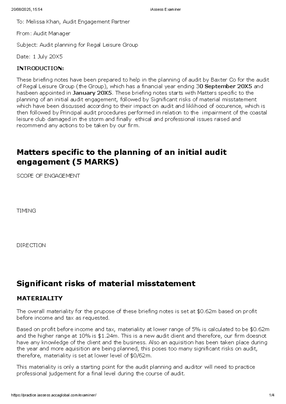 Audit Planning Briefing Notes for Regal Leisure Group (AAA Mock Sept ...
