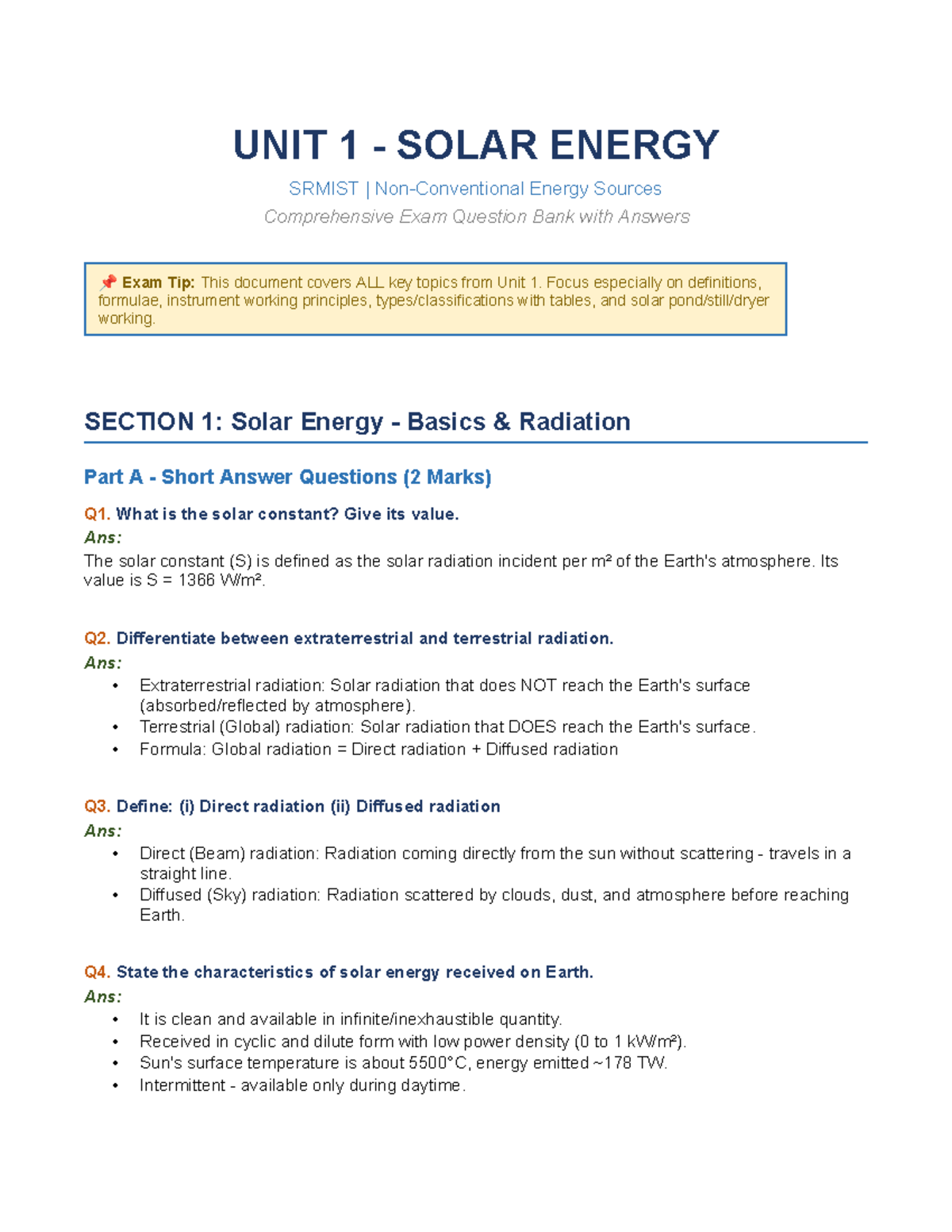 Solar Energy Unit 1 Comprehensive Exam Q&A SRMIST - Studocu