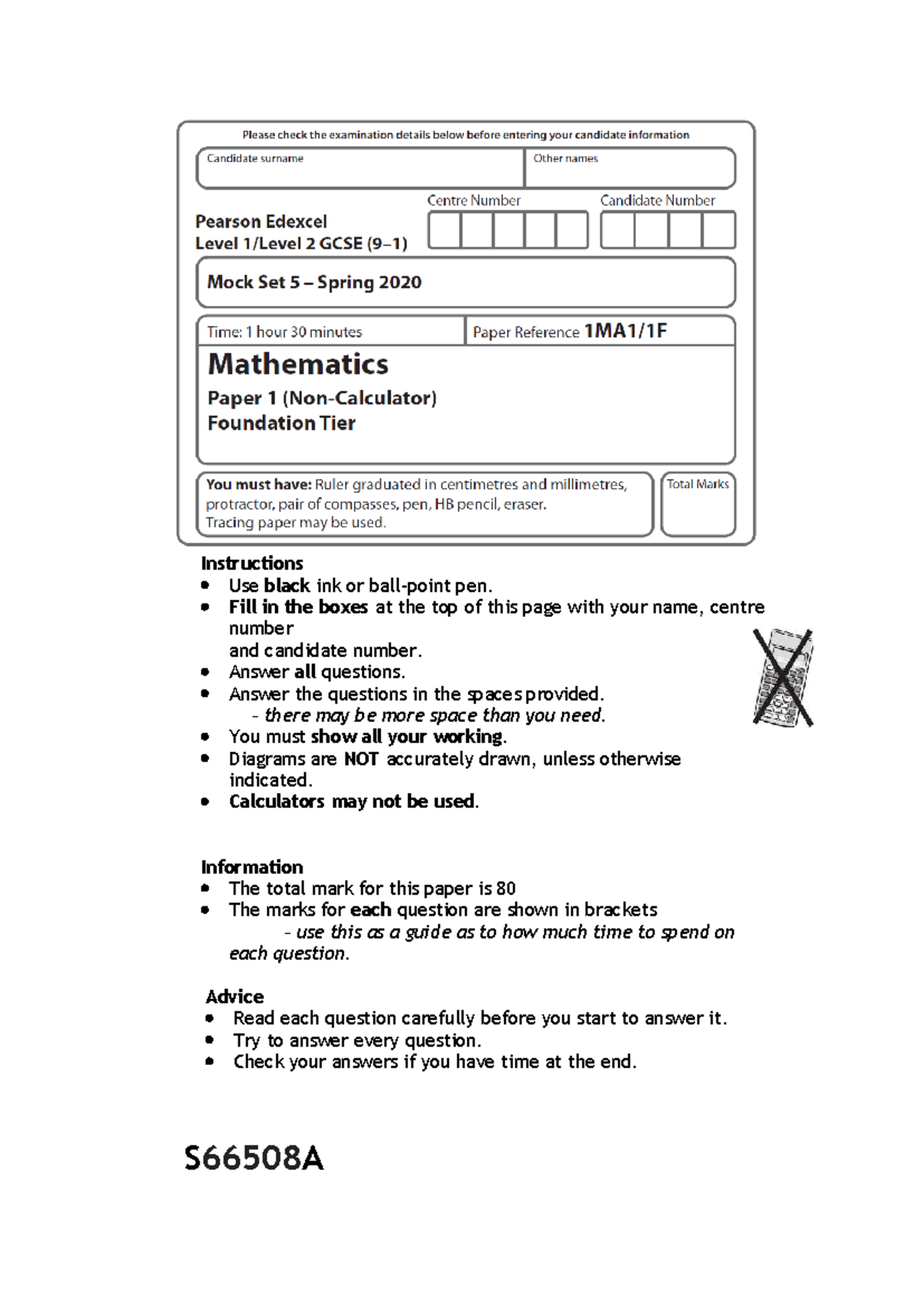 01b GCSE (9-1) Maths Mock Set 5 Paper 1F Instructions & Questions - Studocu
