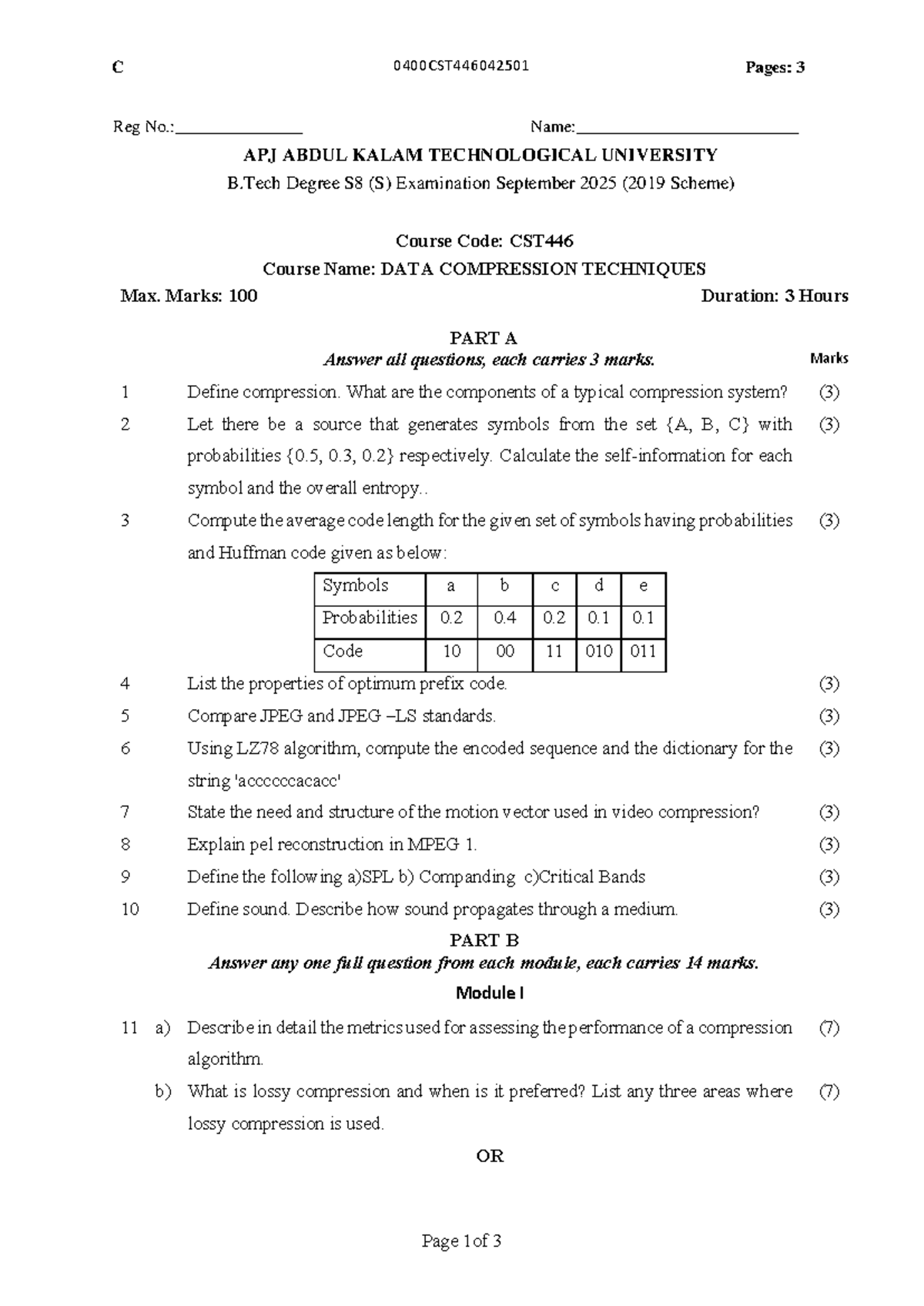 CST446-F Data Compression Techniques - Previous Year Questions - Studocu