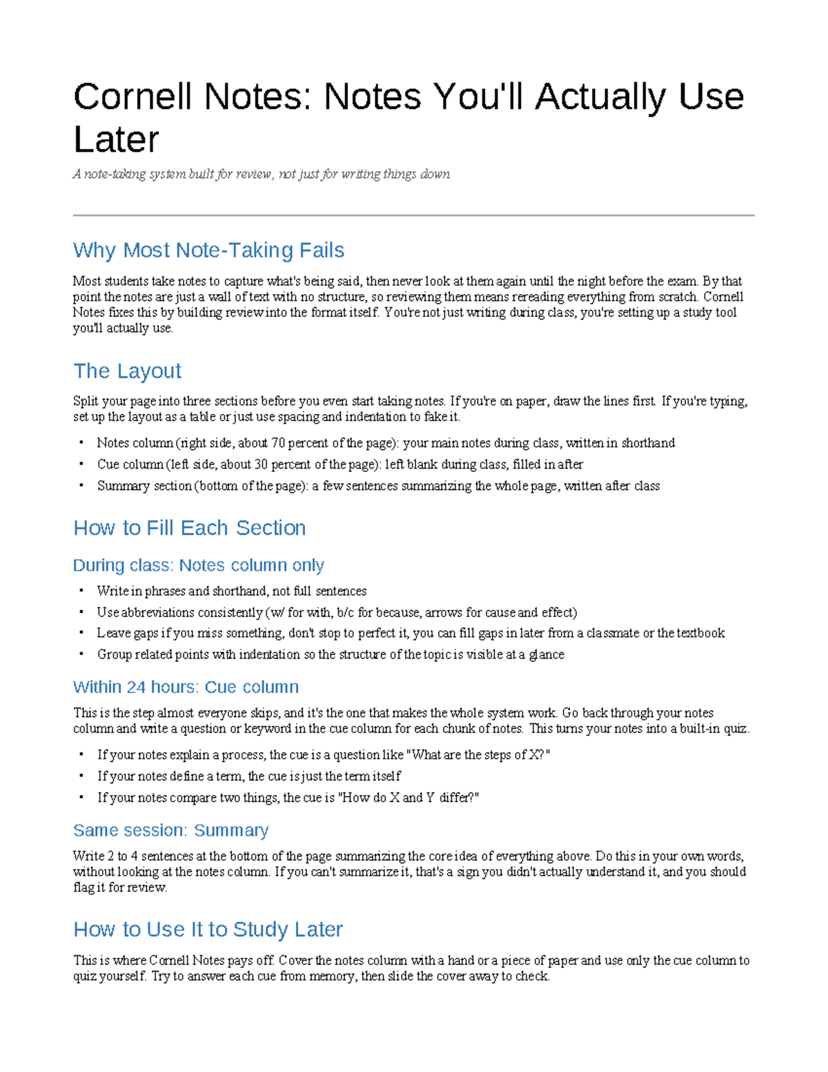 Cornell Notes Guide: Effective Study Techniques for Review - Studocu