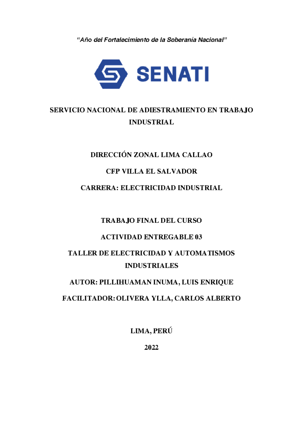 Trabajo Final de Automatismo Industrial TR3 - Electricidad Industrial - Document Preview