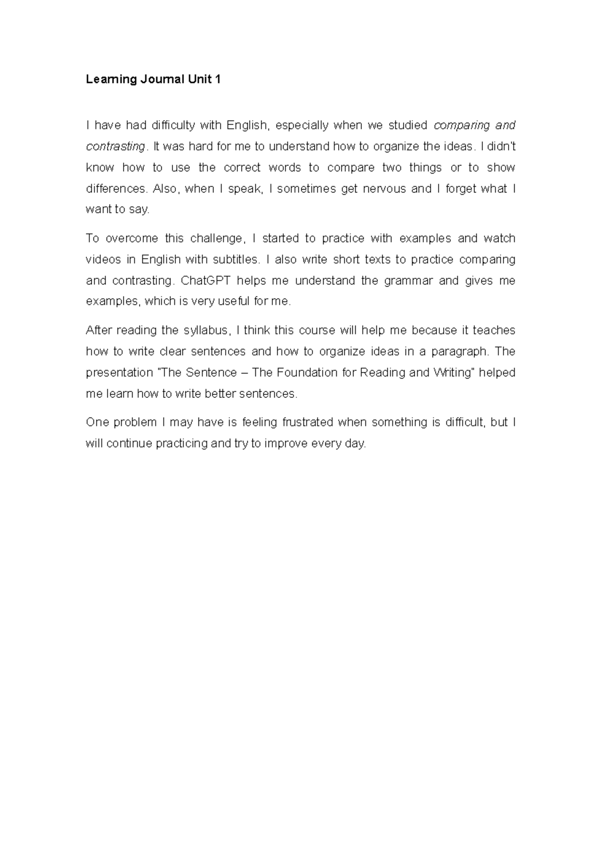 Unit 1 Learning Journal: Overcoming English Challenges - Studocu