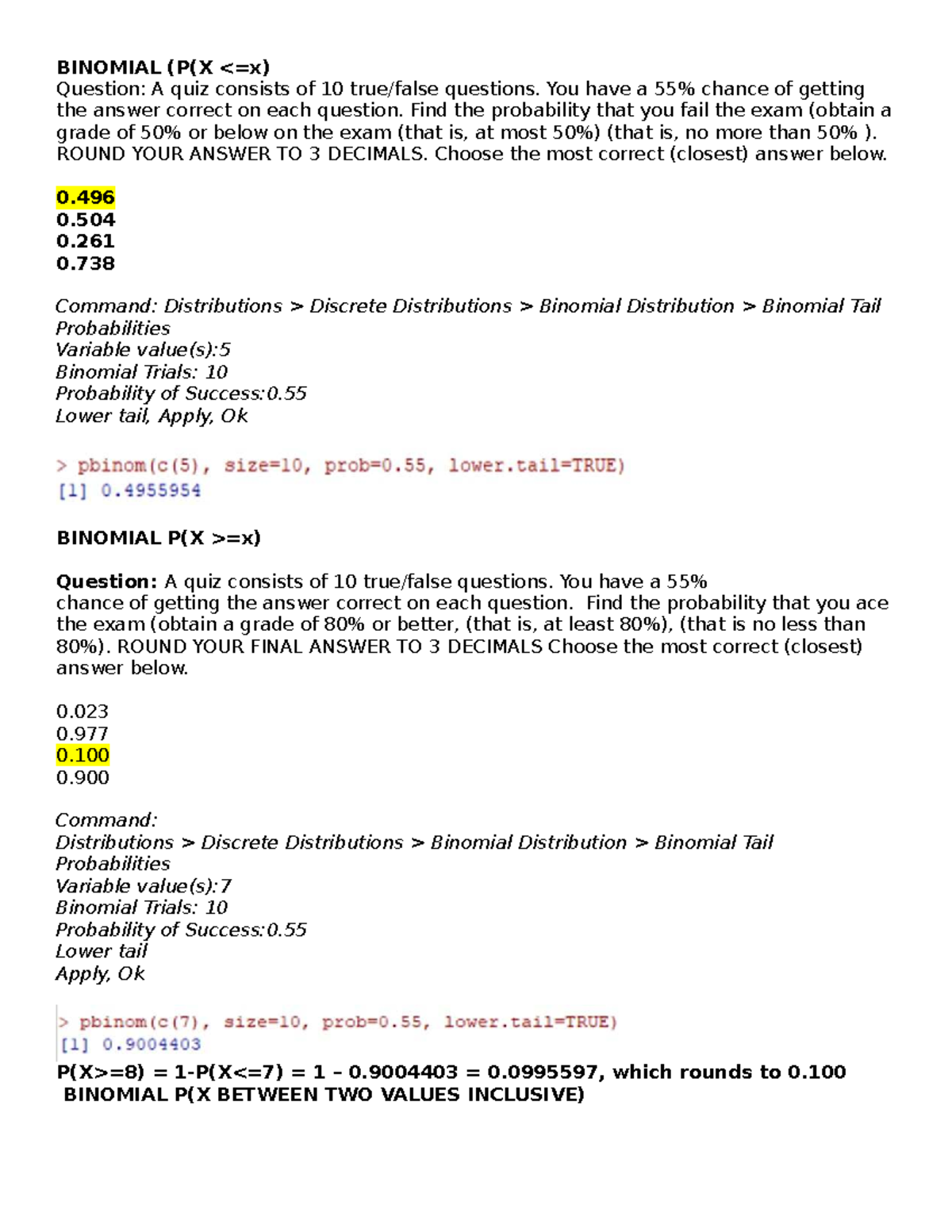 04 Practice Quiz on Binomial Probability in R - Studocu