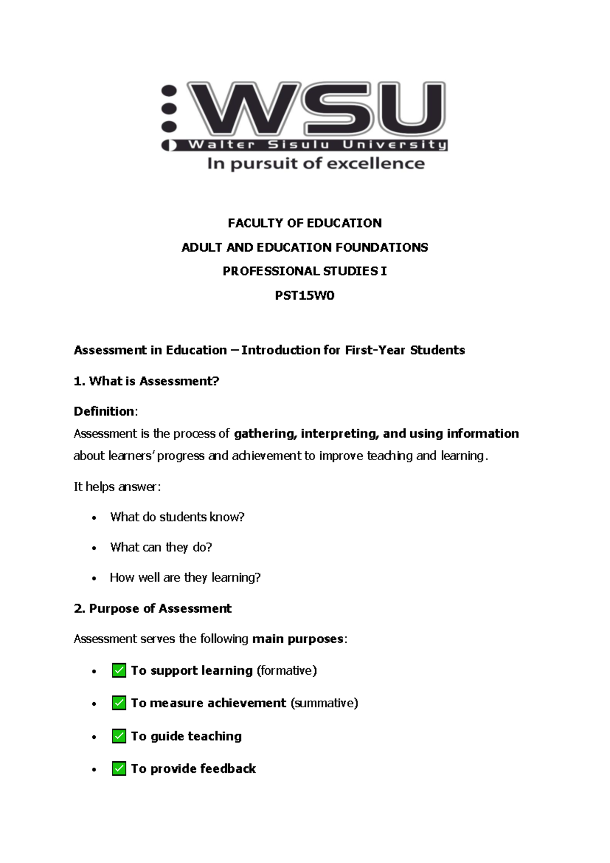 Assessment in Education: Key Concepts and Purposes PST15W0 - Studocu